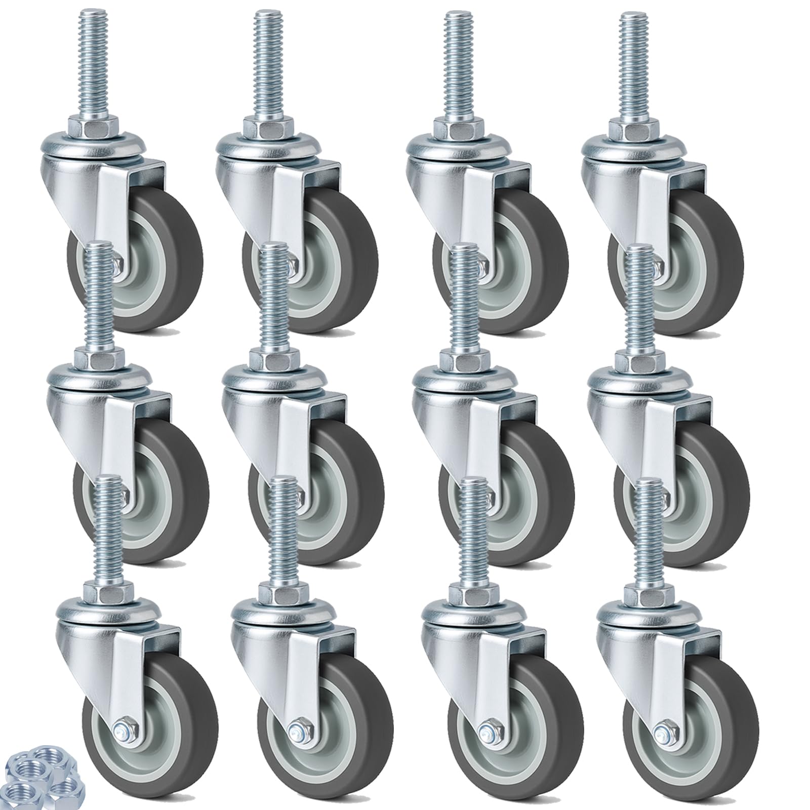 RRIUTO Pack of 12 Furniture Castors 50 mm Swivel Castors M12 x 30 mm Screw, Transport Castors 50 kg per Wheel with 360 Degree Rotation, Rubber Castors Heavy Duty Castors Wheels for Furniture Workbench