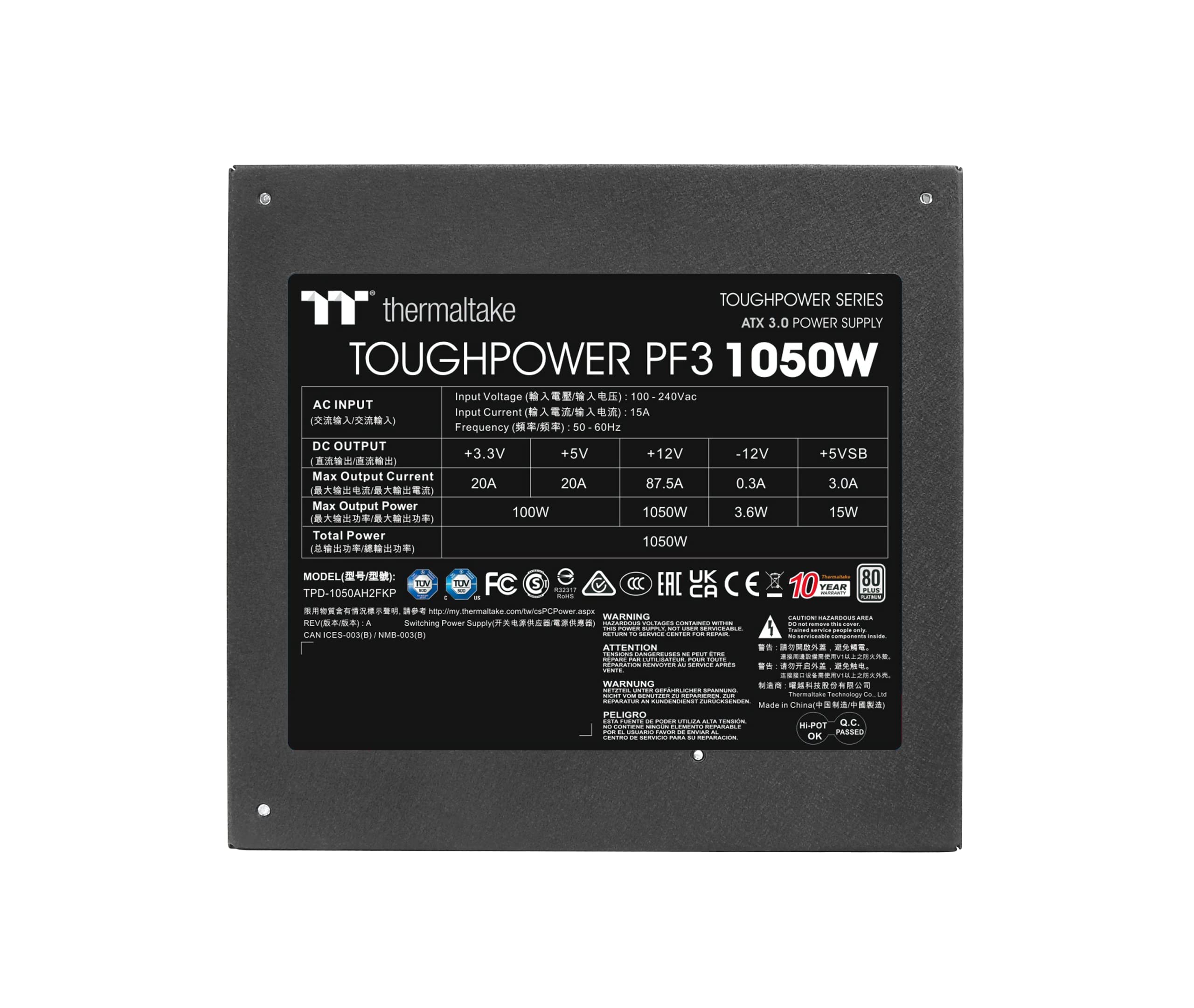 Thermaltake Toughpower PF3 1050W Gen 5 | ATX 3.0 | PCIe Gen 5 ready | Smart Zero Fan | 80 Plus Platinum | Fully Modular
