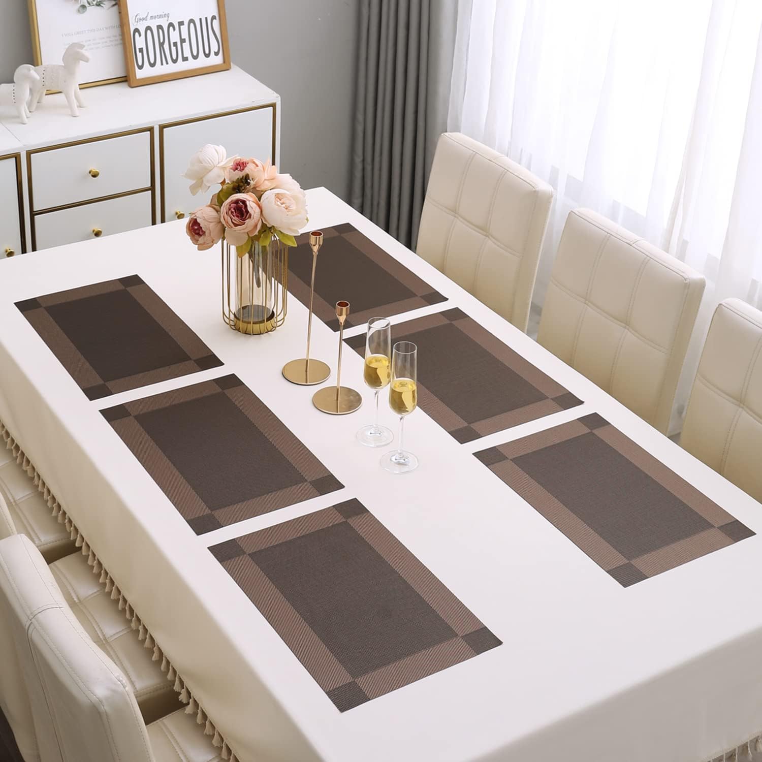 daiDokoro Rectangular Crossweave Woven PVC Vinyl Non-Slip Insulation Heat-Resistant & Waterproof Stain Resistant Washable Placemat for Dining & Kitchen Table-(Coffee Brown, Set of 6)