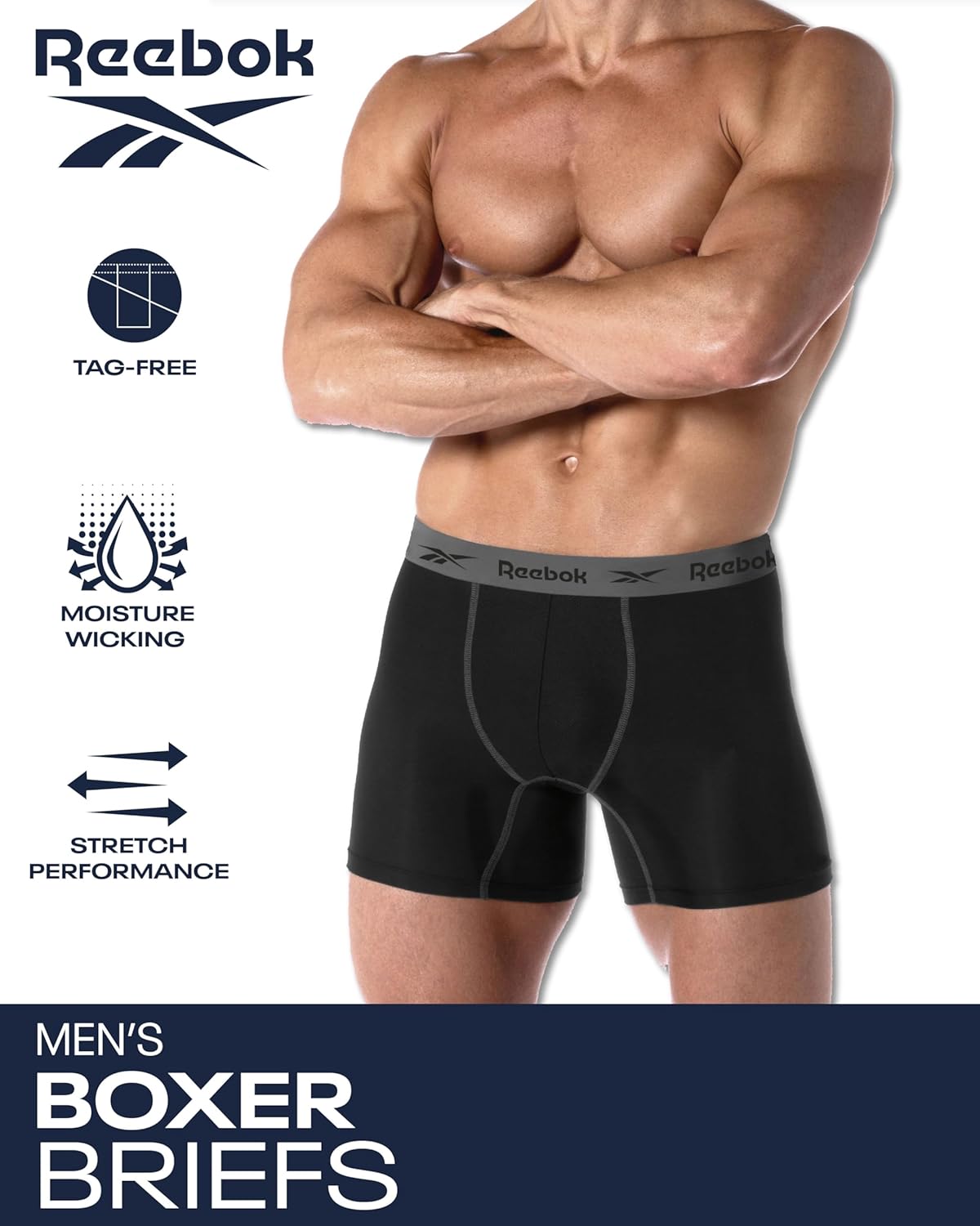 Reebok Mens Boxer Briefs - 3 Pack 6'' Inseam Soft Stretch Performance Mens Underwear Athletic Boxer Briefs with Contour Pouch - Image 2