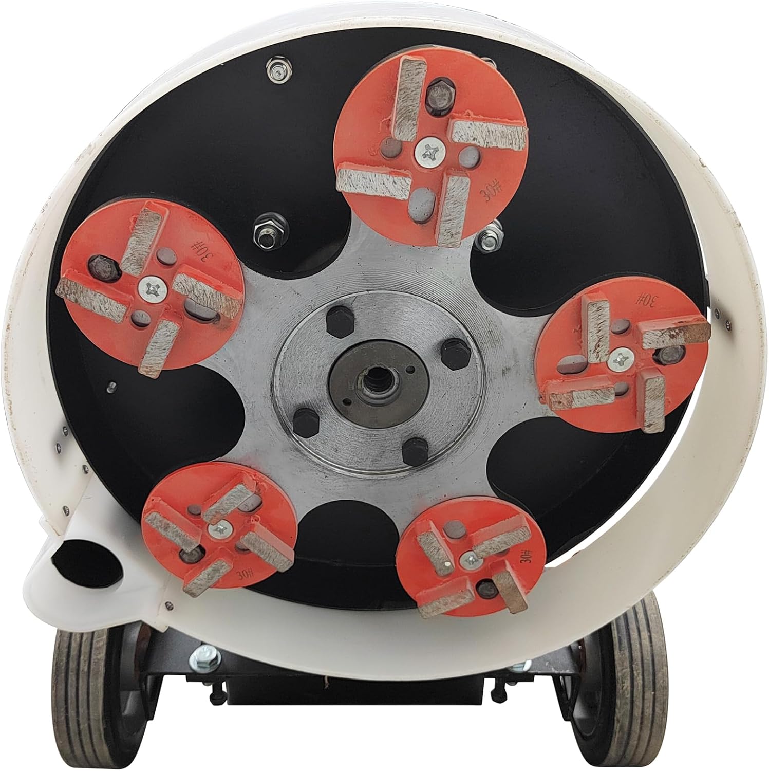 Underside of the grinder showing the five grinding heads installed
