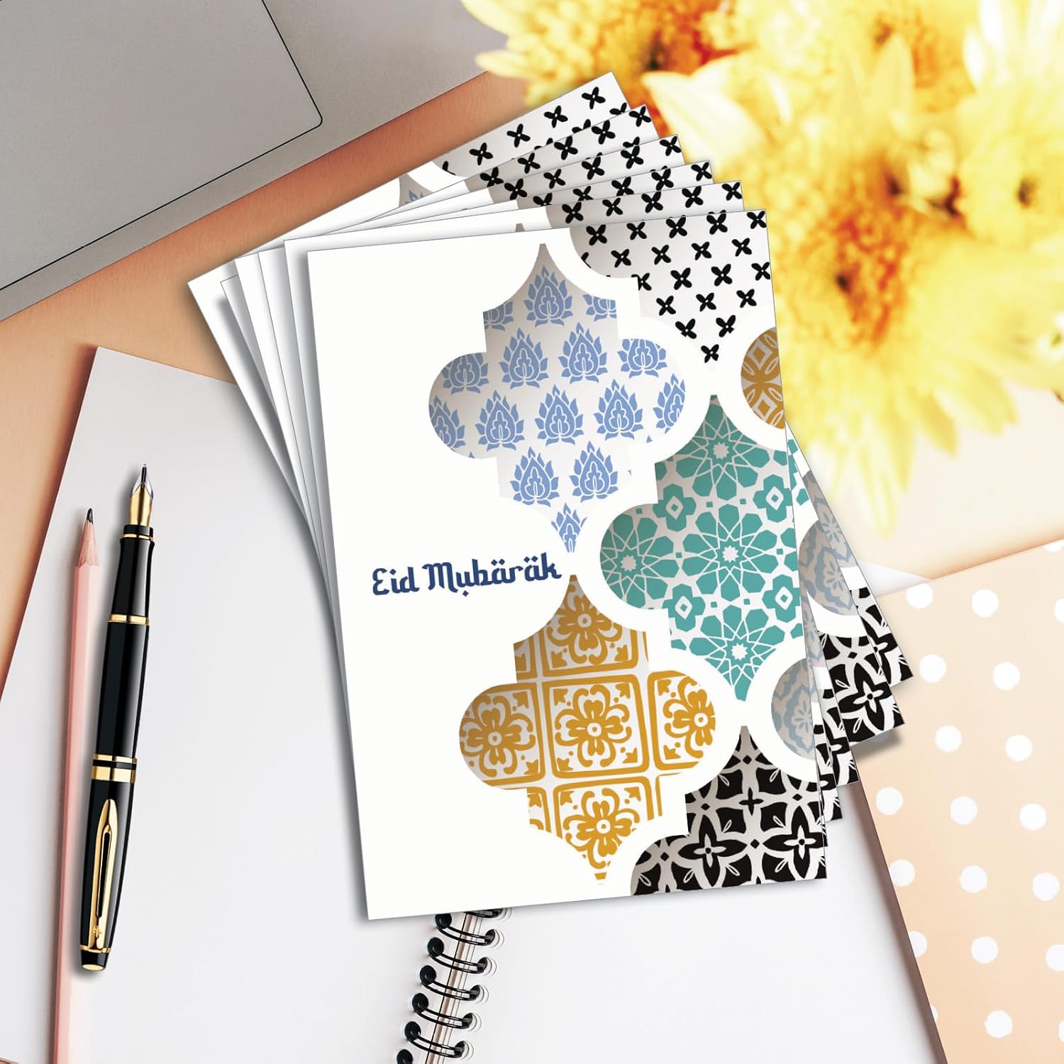 NobleWorks - 12 Eid Mubarak Greeting Cards Box Set with 5 x 7 Inch Envelopes for Men and Women (1 Design, 12 Each) Muslim Holiday Cards Eid Mubarak Dimensions - Tiles C10424EEIG-B12x1