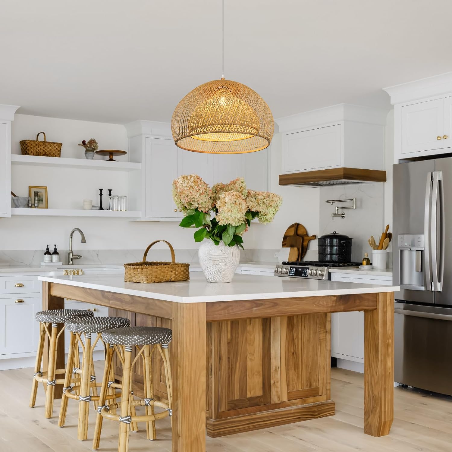 Arturesthome 1 Light Bamboo Dome Pendant Lighting, Coastal Handwoven Ceiling Lampshade Chandelier, Hanging Lamp Light Fixture for Kitchen Living Room