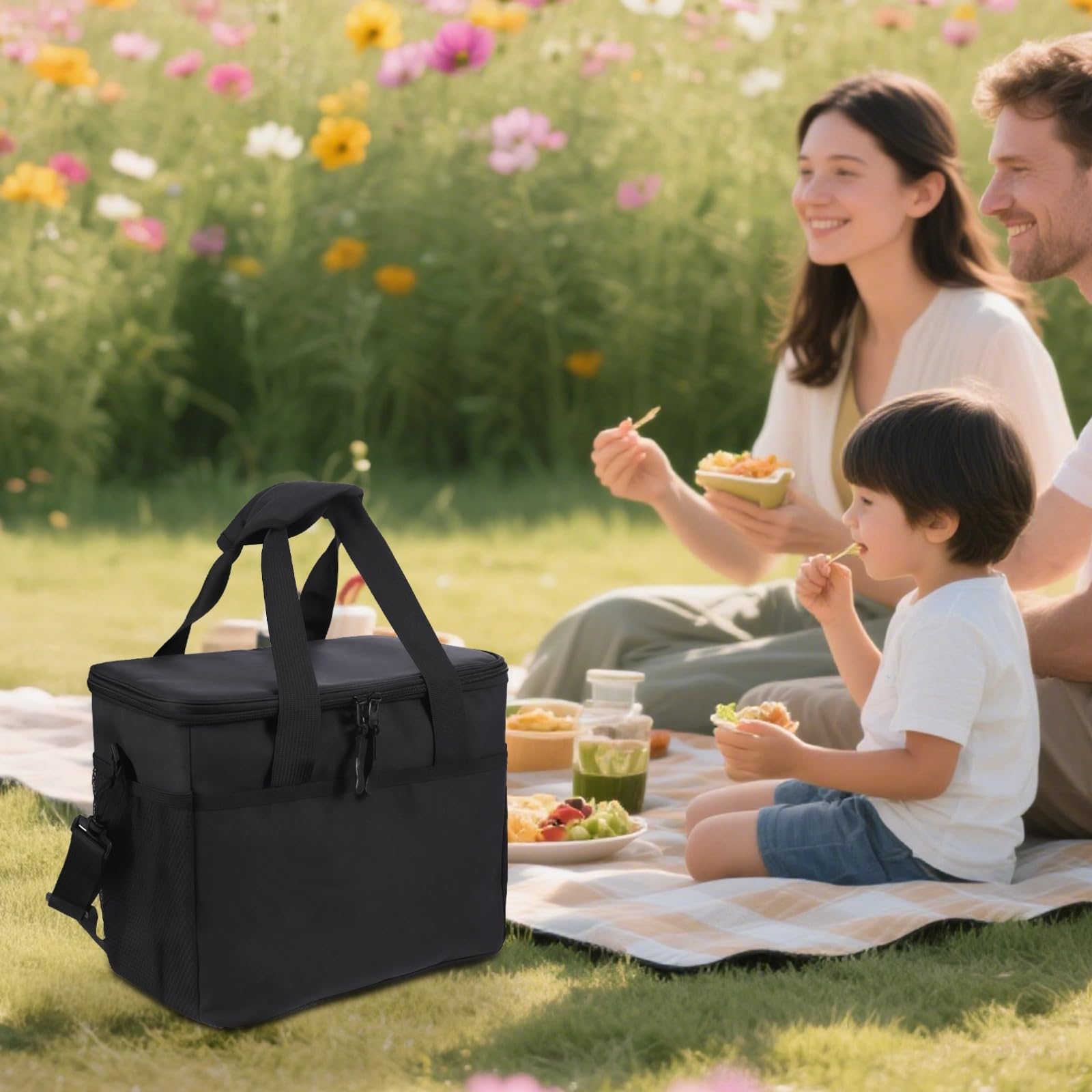 Borsa termica per il pranzo, tessuto Oxford di grande capacità, interno a prova di perdite, doppia cerniera, tasche laterali per bottiglie d'acqua, borsa da lavoro e da viaggio