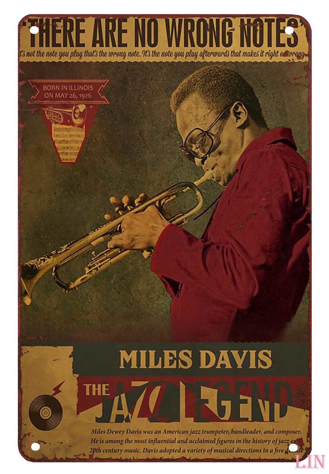 Yunking Metal Tin Jazz Posters Music Retro Poster Jazz Vintage Art Print There are No Wrong Notes Aluminum Vintage Decorative Sign 6x8 Inch, 8x12 Inch Wall Mount