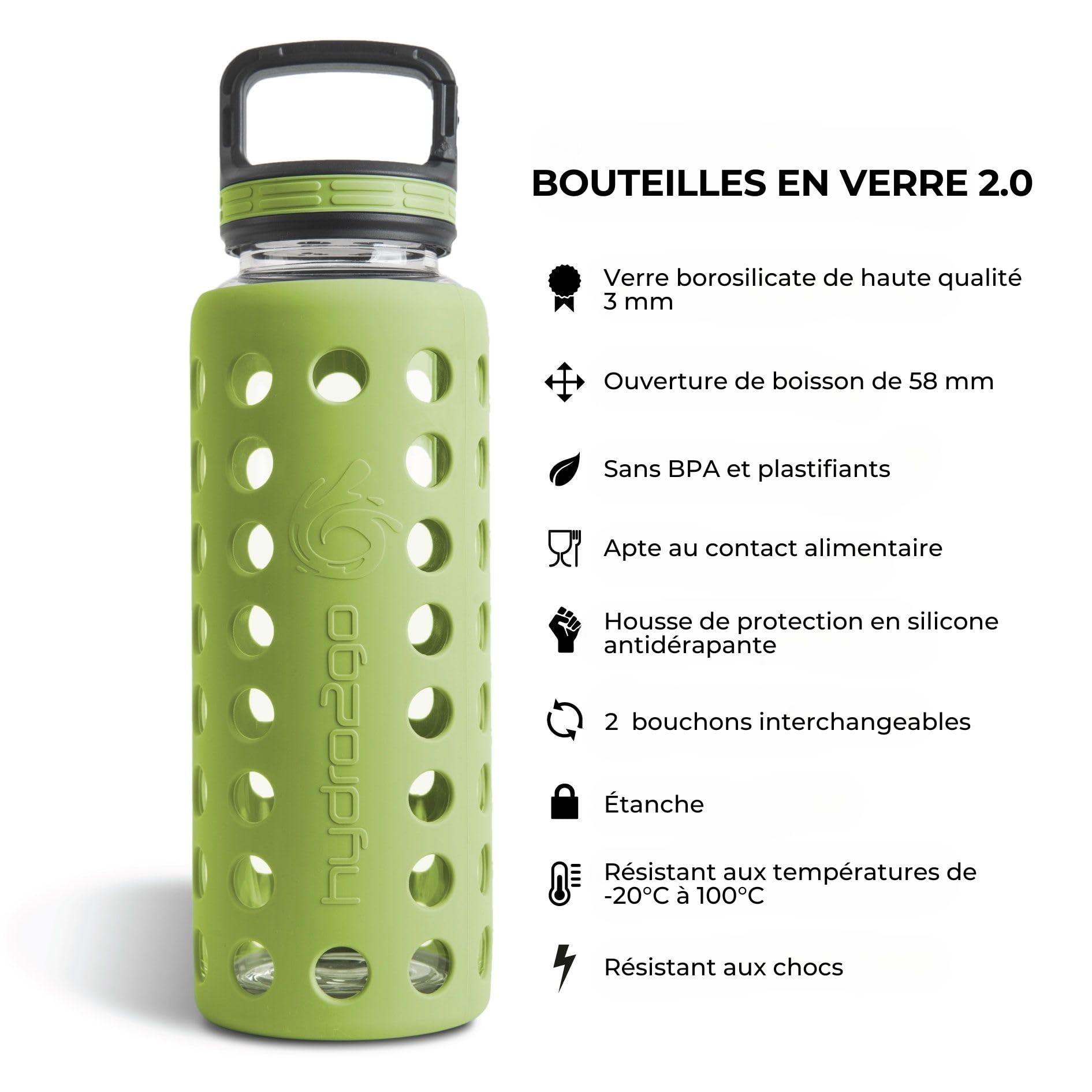 Hydro2Go® Gourde en Verre avec Couvercle en Silicone 950 ML - va au Lave-Vaisselle | 2 couvercles interchangeables | 100% étanche