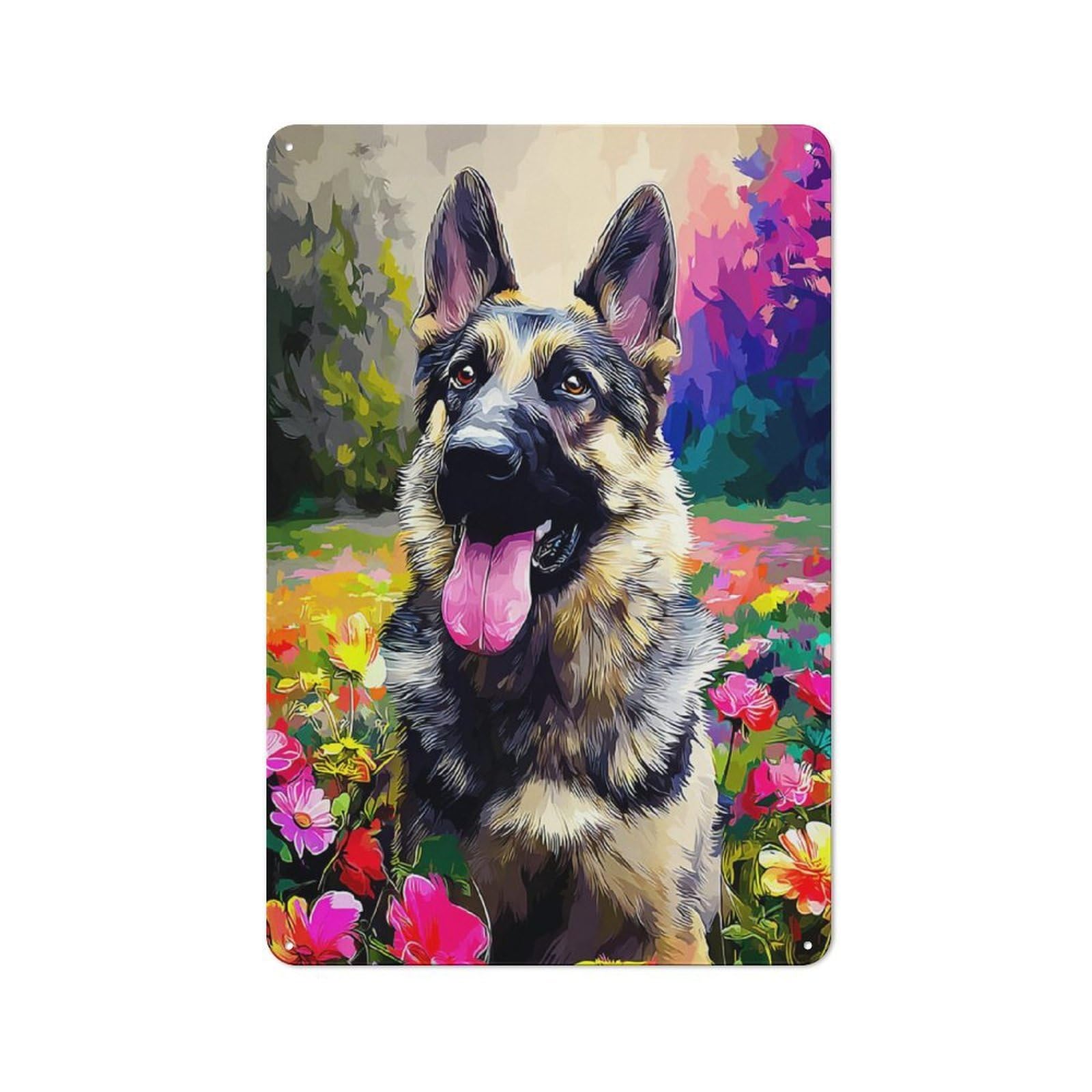 Floral Garden with German Shepherd Classic Metal Wall Decor 30x20cm, Decorative Tin Plaque for Cafe, Pub, Workshop Or Home Bar
