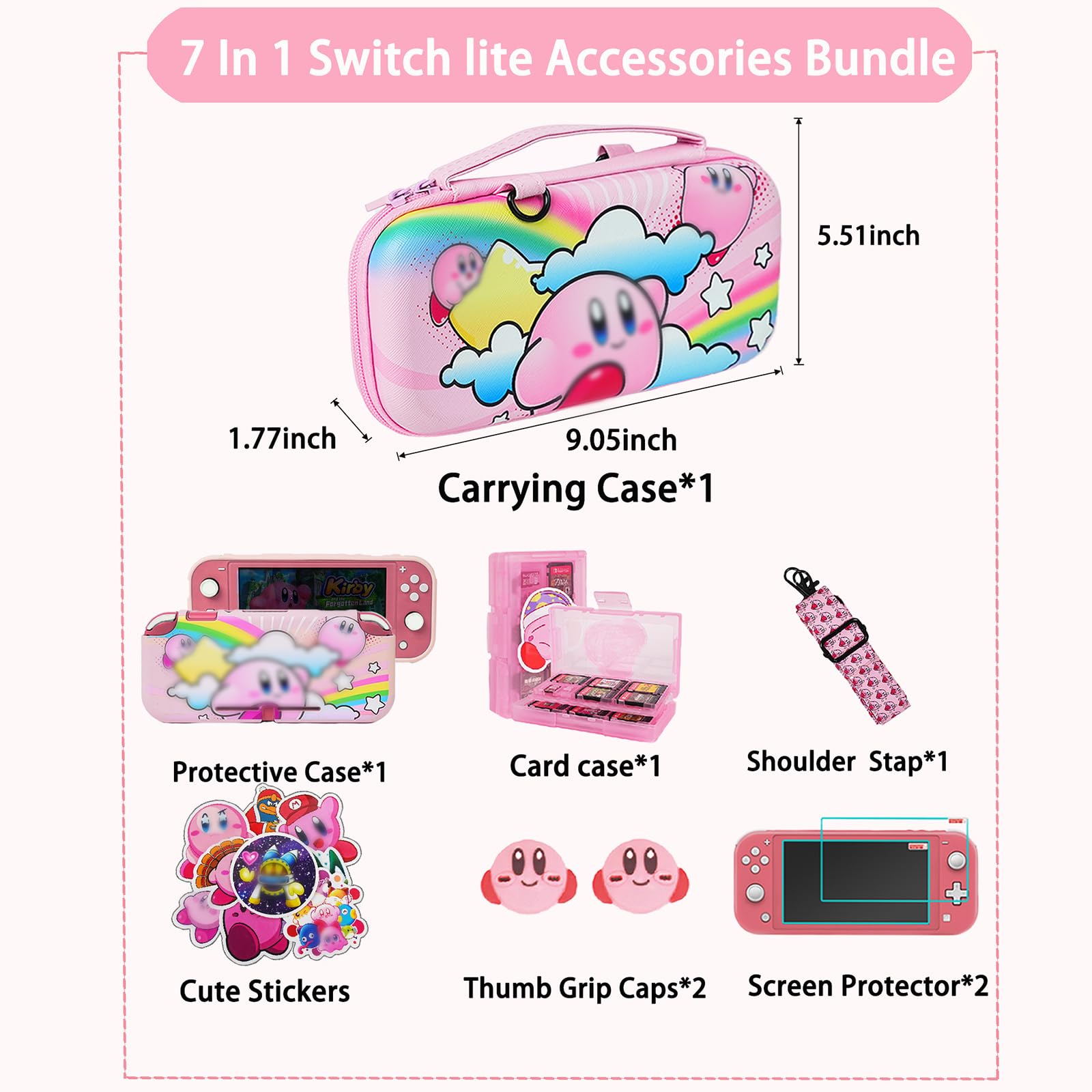 TIKOdirect Tragetasche für Switch Lite, hübsche stoßfeste tragbare Reisetasche mit weicher Schutzhülle, Displayschutzfolien, niedlichen Daumengriffkappen und Spielkartenetui, rosa Regenbogen