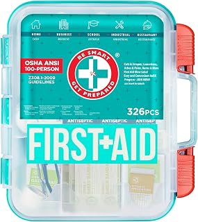 Be Smart Get Prepared 326-Piece First Aid Kit - OSHA/ANSI Compliant for 100 People, Durable Teal Hard Case for Office, Home, Car, Camping