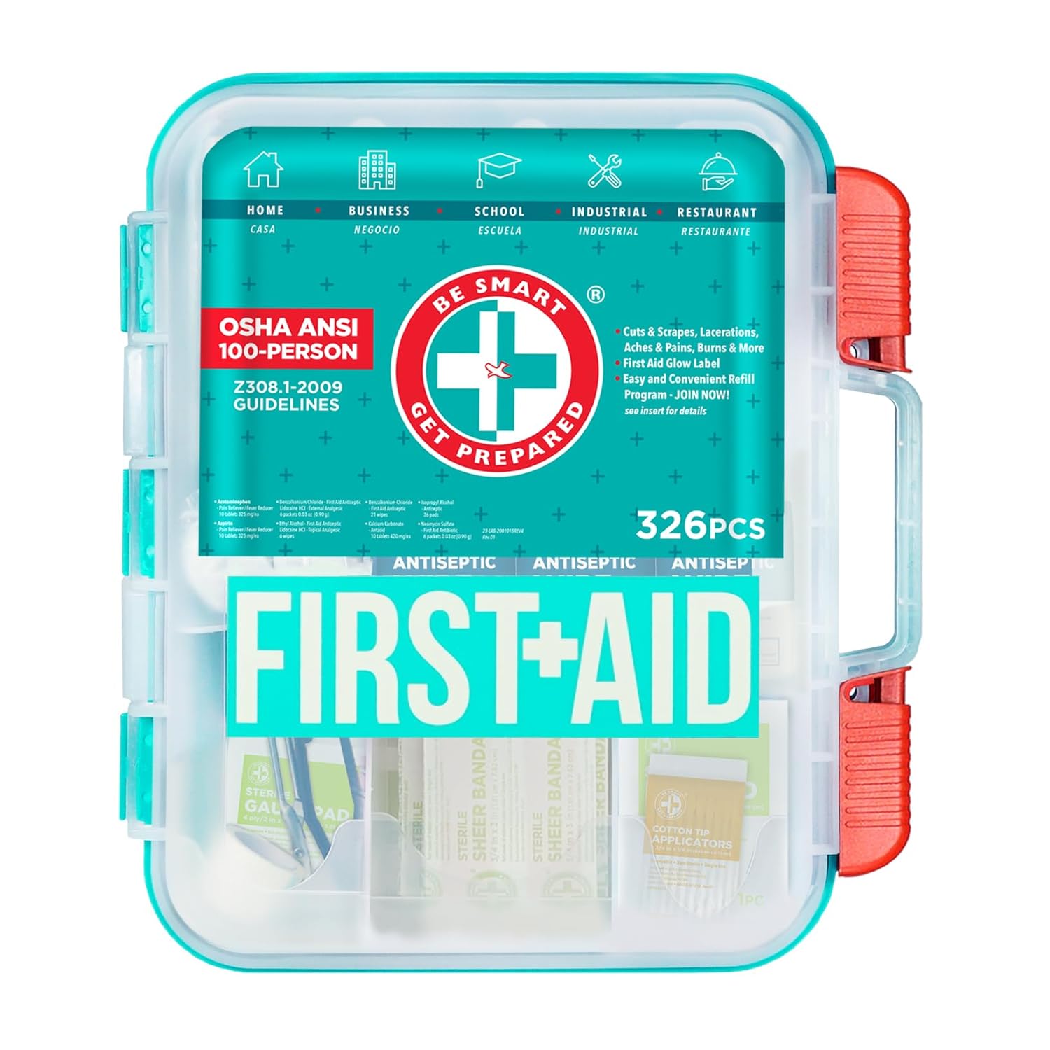 Be Smart Get Prepared First Aid Kit Teal 326 Piece Exceeds OSHA and ANSI Guidelines 100 People -