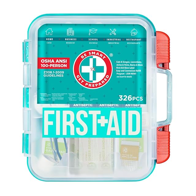Be Smart Get Prepared First Aid Kit Teal 326 Piece Exceeds OSHA and ANSI Guidelines 100 People -