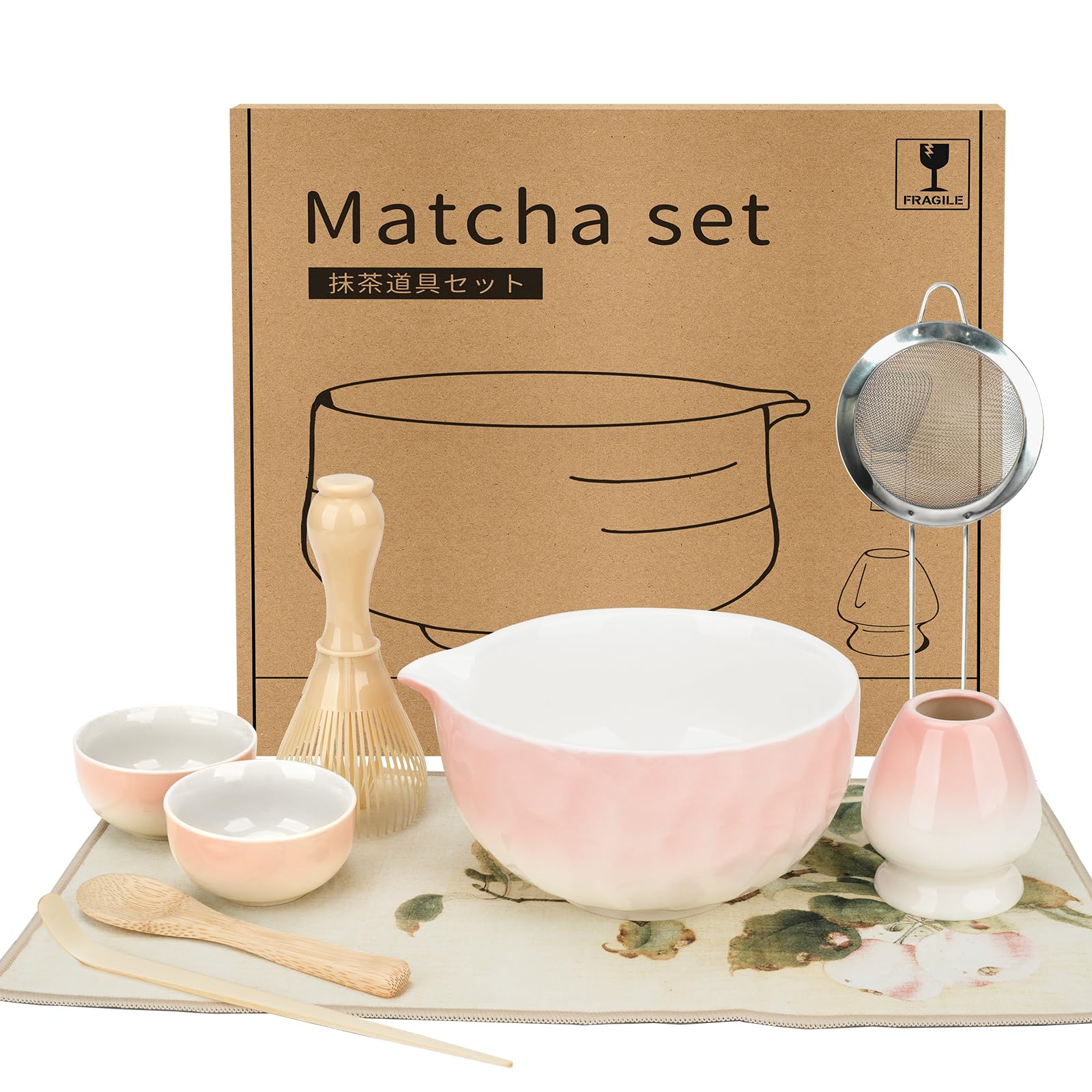 Zingbee Matcha Set 9-Teiliges Matcha Schale mit Ausgieße Matcha Set Rosa inklusive Matcha Whisk*1 Matcha Besen Halter*1 Matcha Sieb*1 Matcha Löffel*2 Matcha Tasse*2 matcha tee set
