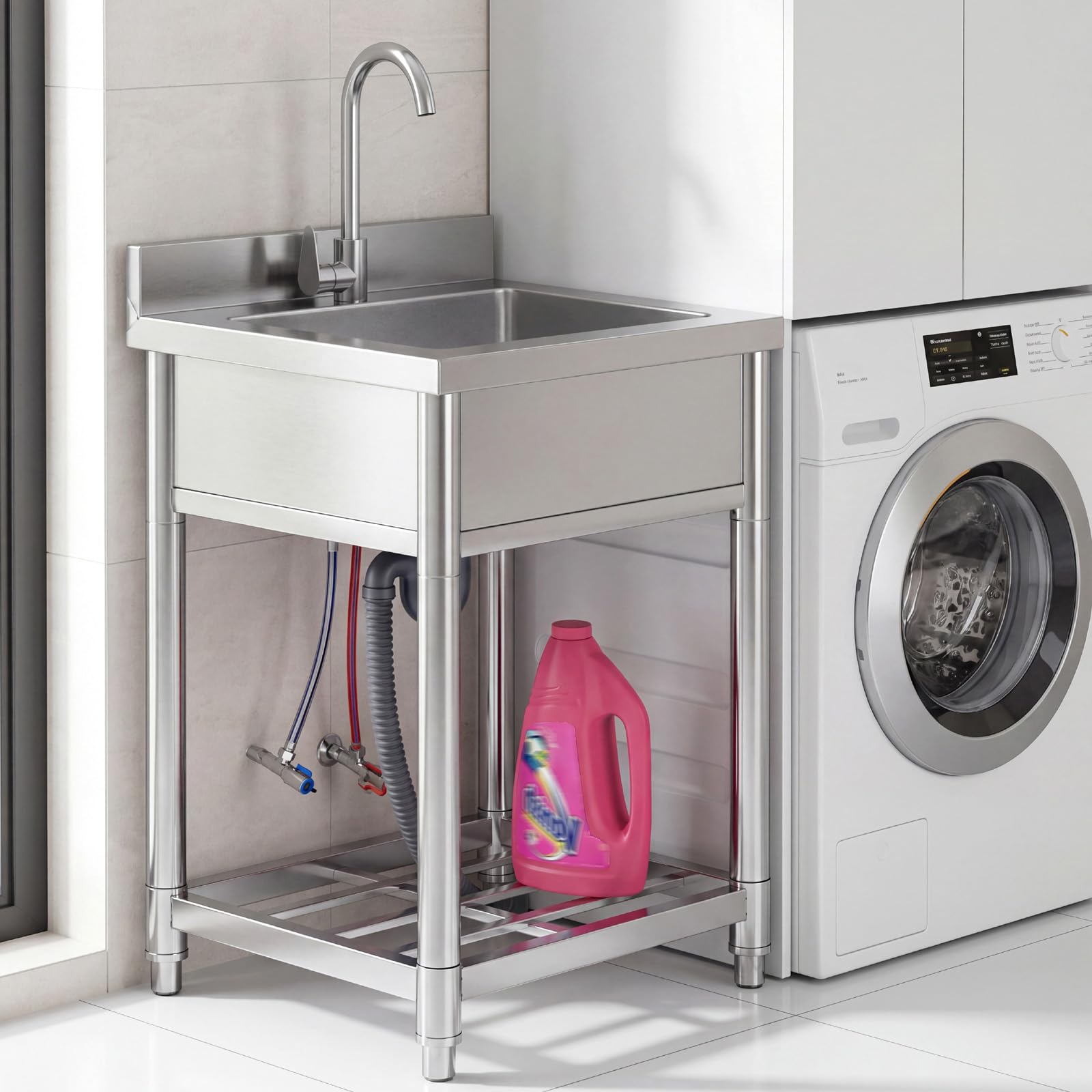 Fregadero con Patas Acero Comercial de Acero Inoxidable | 50 x 55 x 94 cm Fregadero de Cocina Independiente con Grifo, Fregaderos Industriales para Exterior, Cocina, Garaje, Jardín