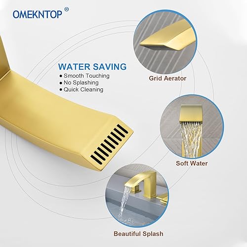 Miniatura 3 de OMEKNTOP Grifo de baño de 3 agujeros, grifo de lavabo de baño con drenaje desplegable de 8 pulgadas, grifo de cascada generalizado de 2 manijas con