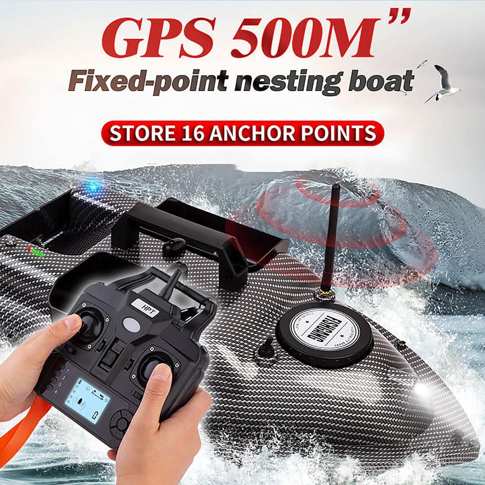 Barca da pesca con esca da 500 m, barca da pesca telecomandata GPS con 3 contenitori per esche, ecoscandaglio automatico con luce notturna a LED, tramoggia di carico da 2 kg,ritorno automatico con una