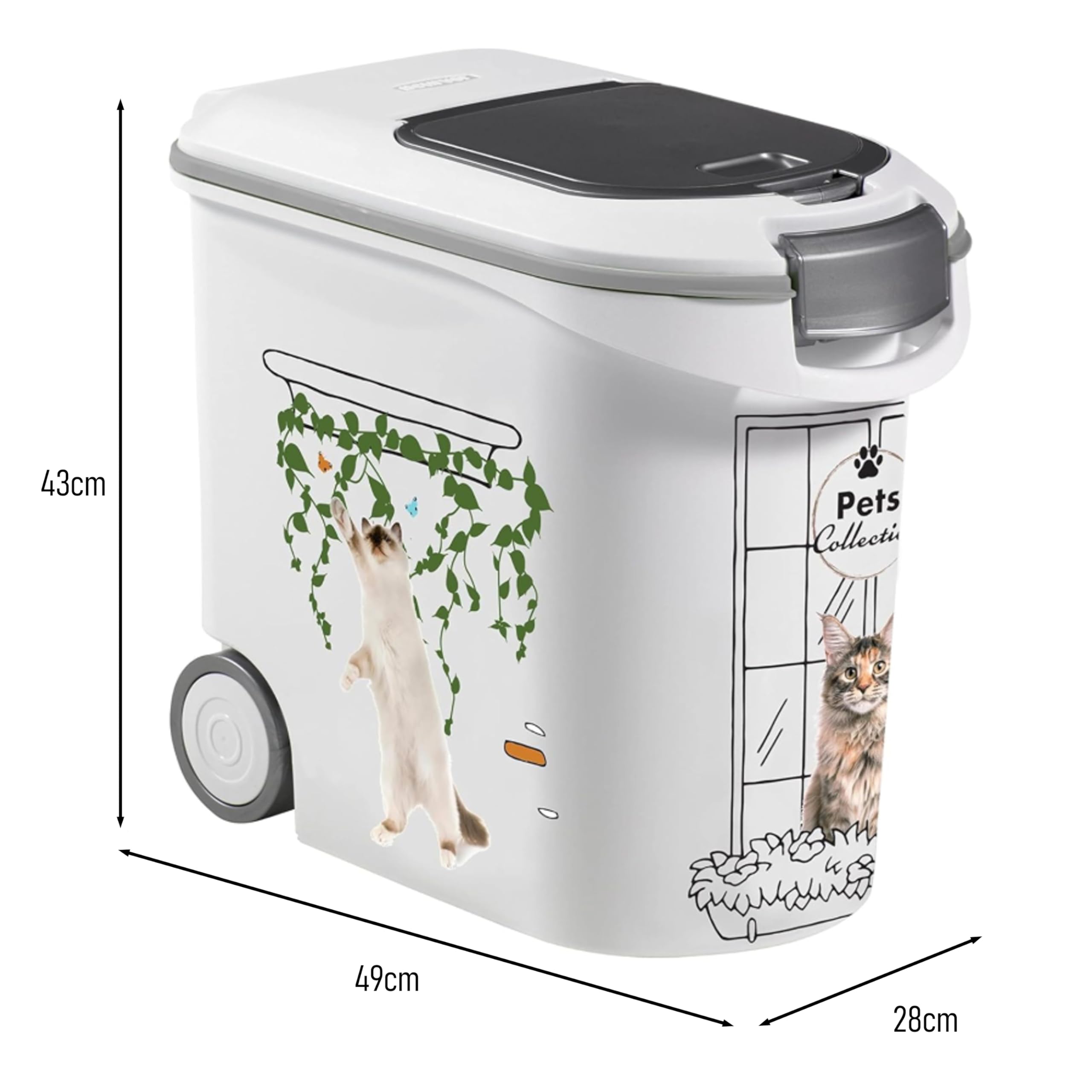 Curver Conteneur à Croquettes Pour Chats - 35L/12KG - Pets Collection - Rangement Hermétique Anti-Odeurs pour Nourriture pour Chats - Conteneur à Roulettes - 28 x 49 x 43 cm
