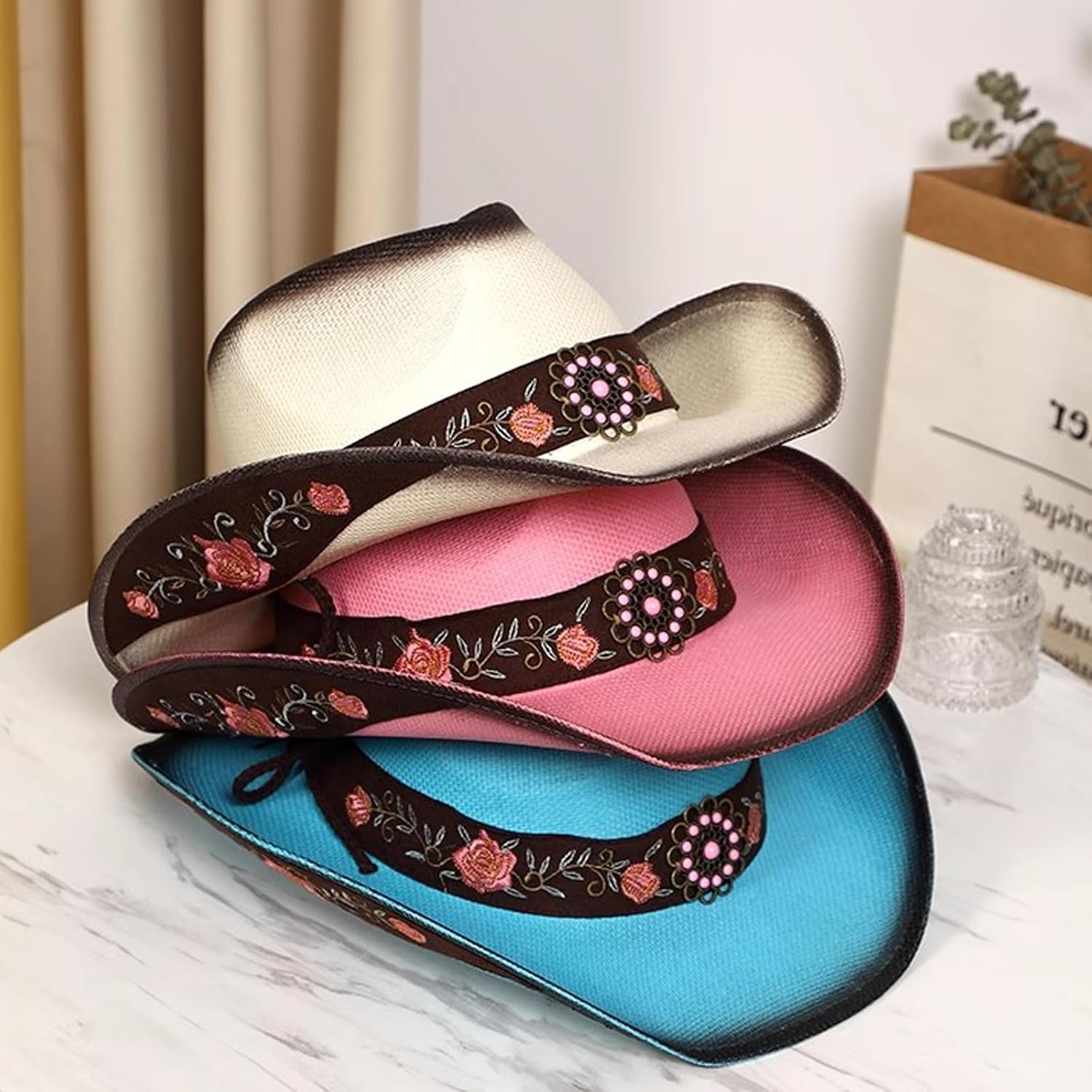 Cowboy Hats for Women Black Cowgirl Hats Classic Woven Embroidered Straw Western Hats for Women Music Festival Party Beach - Image 5