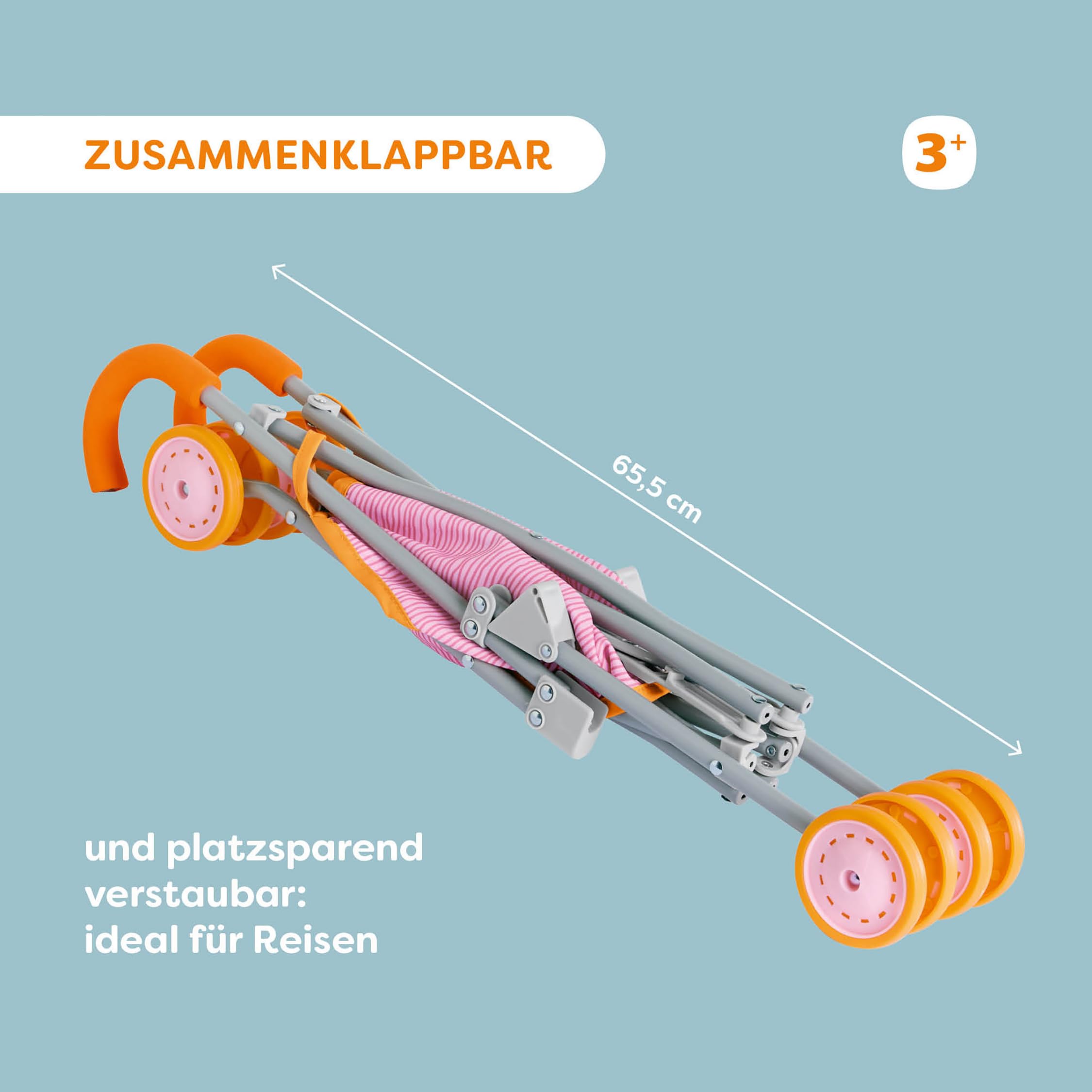 HABA Puppenbuggy Regenbogen – faltbar mit gepolsterten Griffen und Doppelrädern – für Puppen bis 45 cm – Puppenwagen für Kinder ab 2 & 3 Jahren – 2013338001