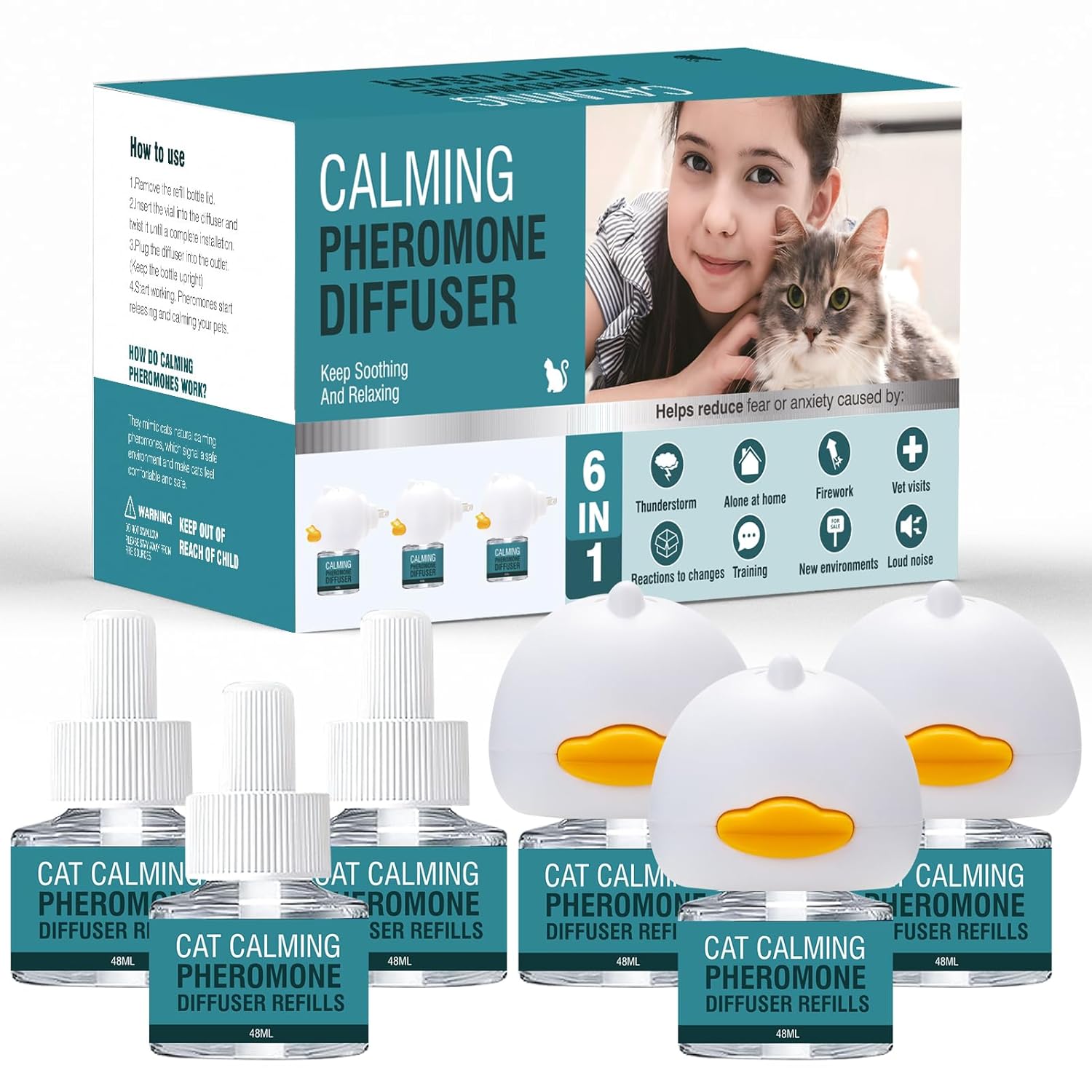 Cat Calming Diffuser 6 in 1 Multicat Calming Pheromones Diffusers Relief Stress Anxiety Fighting Scratching 90 Days Calm Relaxing Pheromone for Cats kit 48ml Refill Fits All...