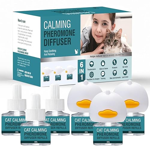 Cat Calming Diffuser 6 in 1 Multicat Calming Pheromones Diffusers Relief Stress Anxiety Fighting Scratching 90 Days Calm Relaxing Pheromone for Cats kit 48ml Refill Fits All Common Diffuser Plug In
