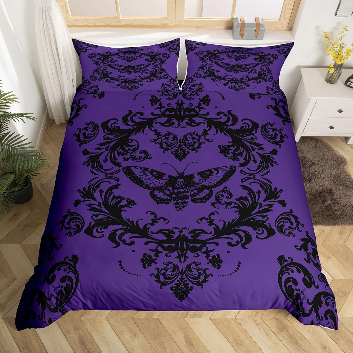 Loussiesd Adults Purple Vintage Damask Floral Bedding Set King Size Soft for Boys Girls, Oriental Antique Duvet Cover Gothic Death Moth Skull Bedroom Decor 3 Pcs with 2 Pillow Cases