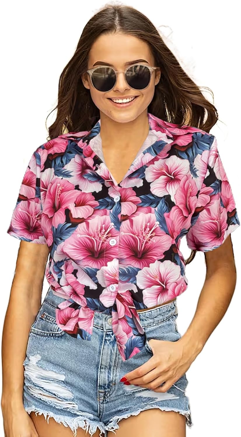 Women's Button Down Hawaiian Shirts Tropical V Neck Summer Beach Blouses Tops Floral Print Vintage Short Sleeve Tees - Image 4