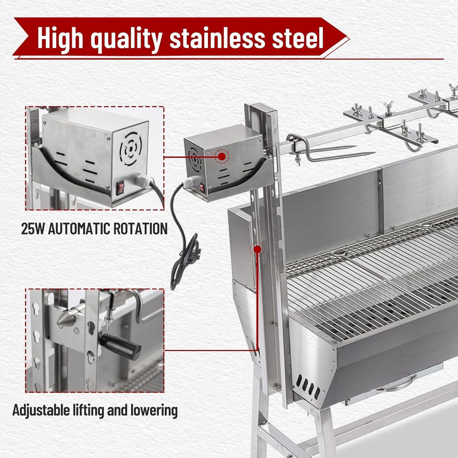 Rotisserie Grill With Wind Screen, Stainless Steel Charcoal Spit, Electric Pig Rotisserie Machine, 132LBS/60KG BBQ Grill for Pig Roasting, Camping & Backyard Use