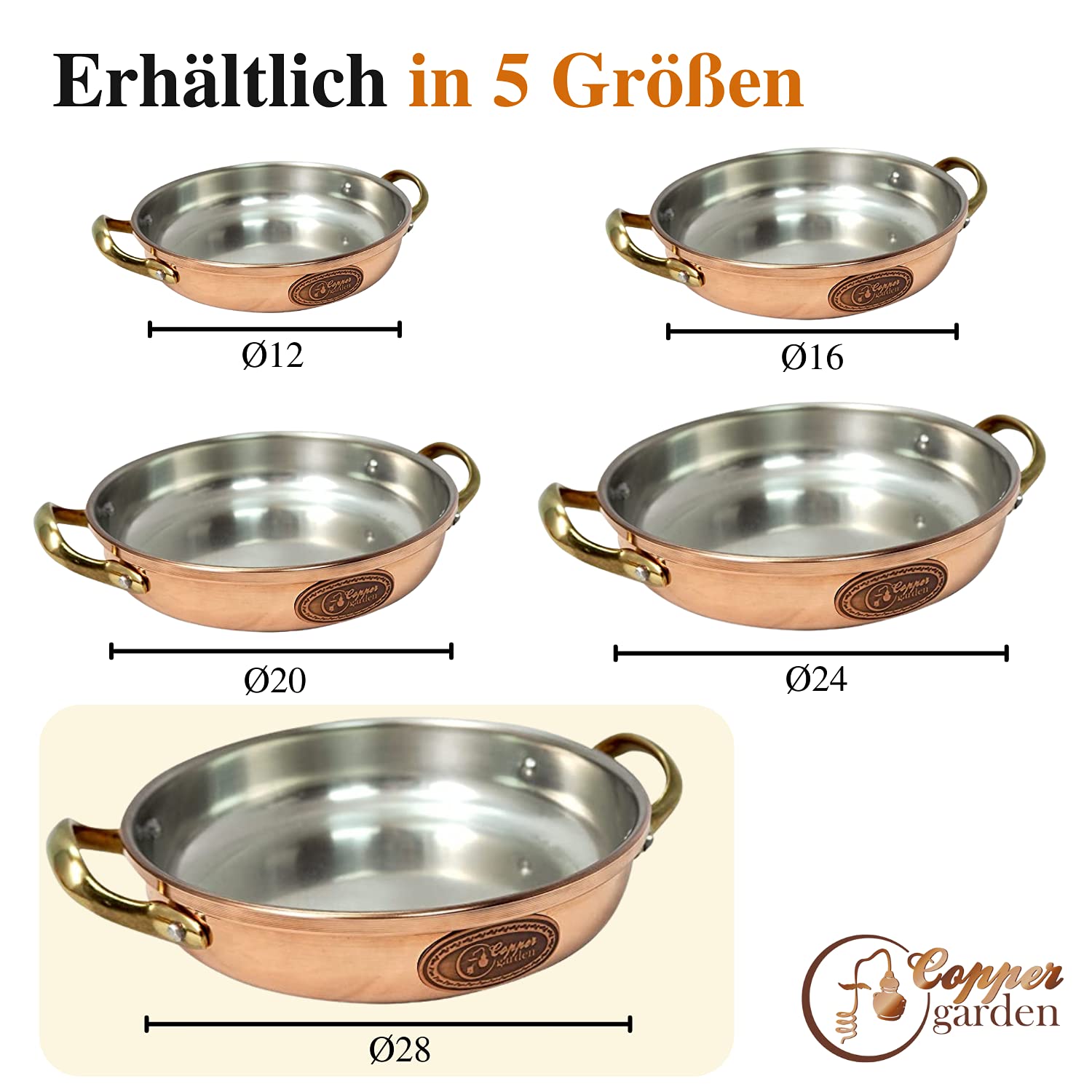 Copper Garden Kupfer Schmorpfanne 28 cm mit Griffen I lebensmittelecht verzinnt: Ideale Wärmeleitung/-verteilung I hoch & stabil zum Braten, Überbacken, Servieren etc.
