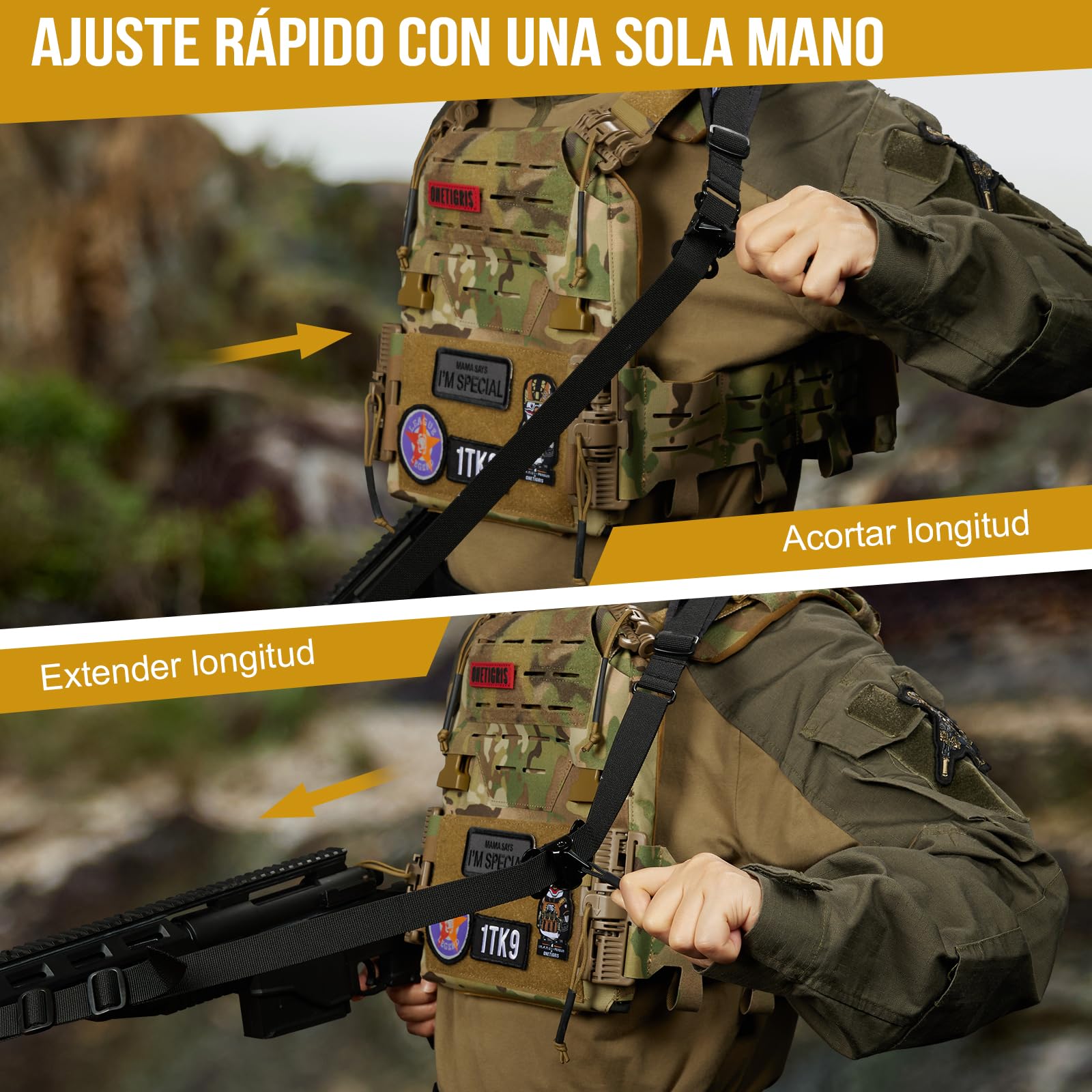 OneTigris Correa de Rifle de 2 Puntos, 2,5 cm de Ancho con Mosquetones Intercambiables Estilo HK, Ajustable 56-70 Pulgadas, Negro