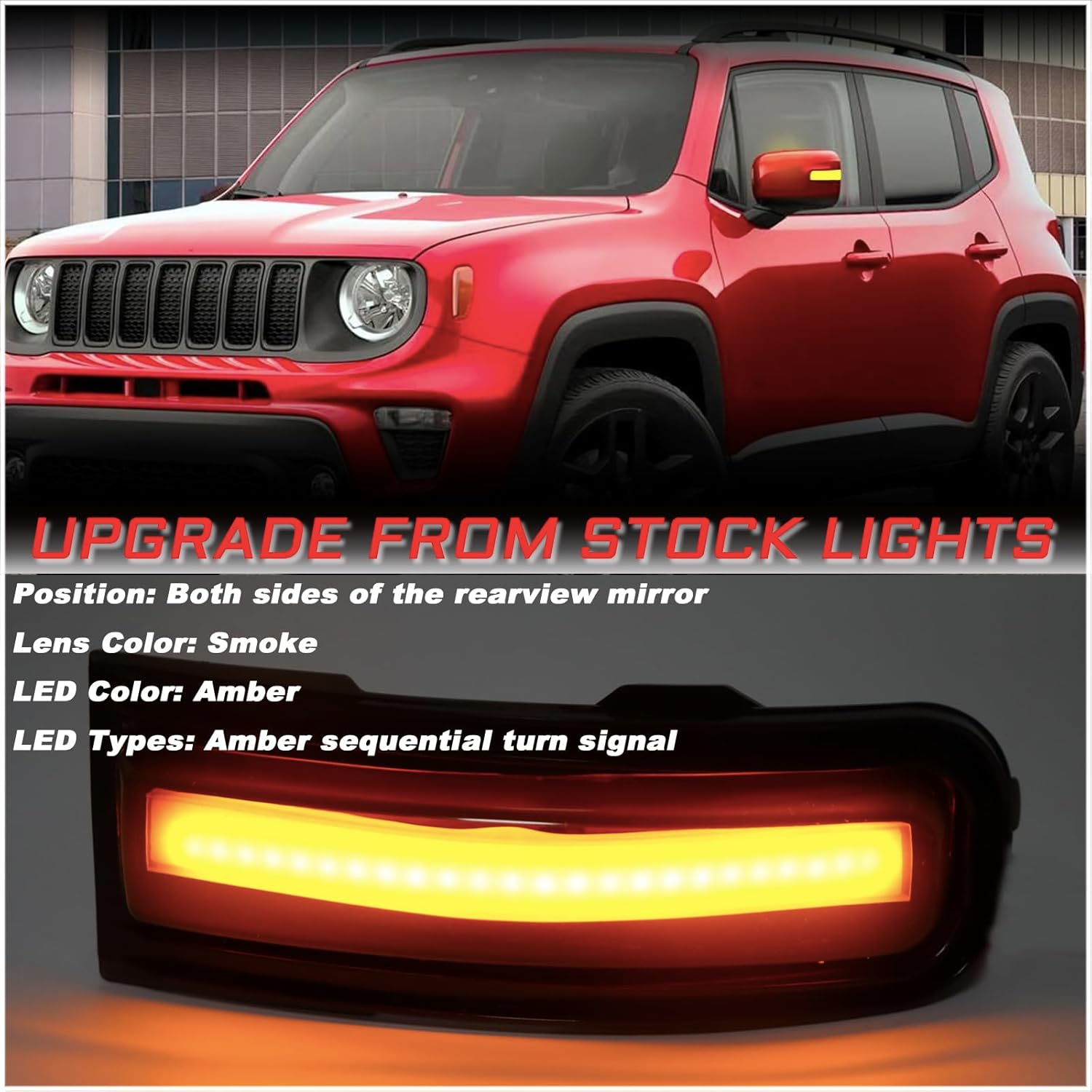 Smoked Lens Sequential Amber LED Side Mirror Marker Lights Compatible with Jeep Renegade SUV 2015-2022 Towing Mirror Turn Signal Indicator Lamp Assembly (Rear Side mirror light)