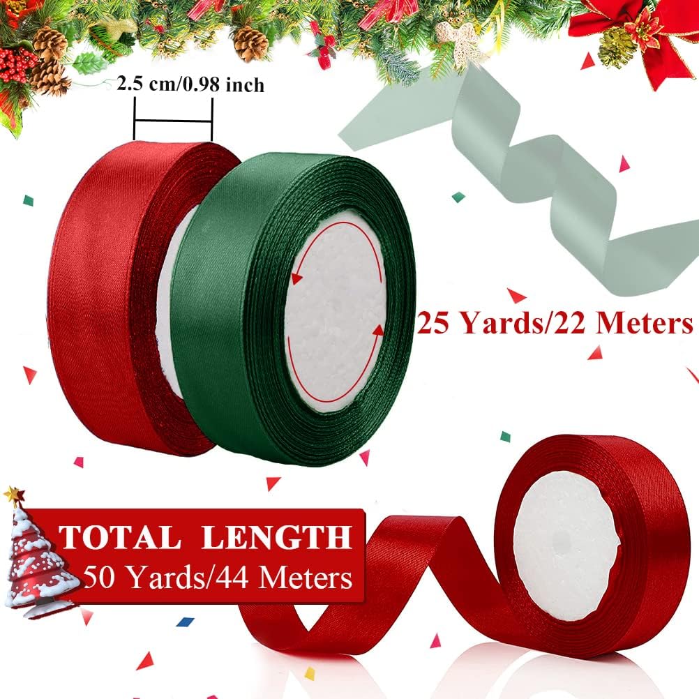 Christmas Ribbon for Gift Wrapping, 2 Rolls Red Dark Green Christmas Satin Ribbon Roll for Crafts, 25mm Wide Grosgrain Ribbons for Crafting Xmas Tree Cake Wreath Bow Wedding Decorations (50 Yards)
