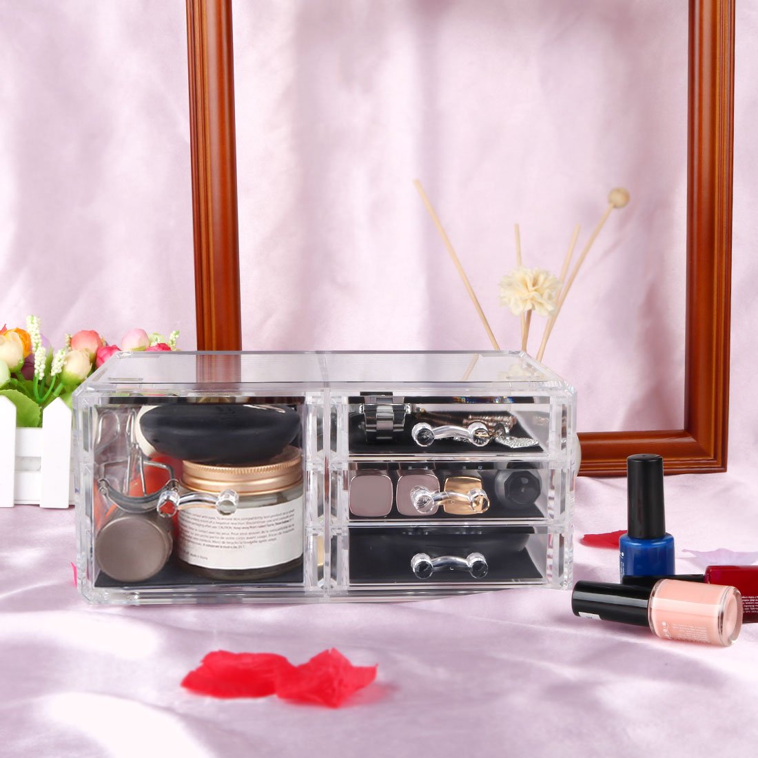 Grand organisateur de maquillage en acrylique avec 1 grand compartiment + 3 tiroirs de rangement pour cosmétiques, rouge à lèvres et porte-pinceaux pour les amateurs de beauté