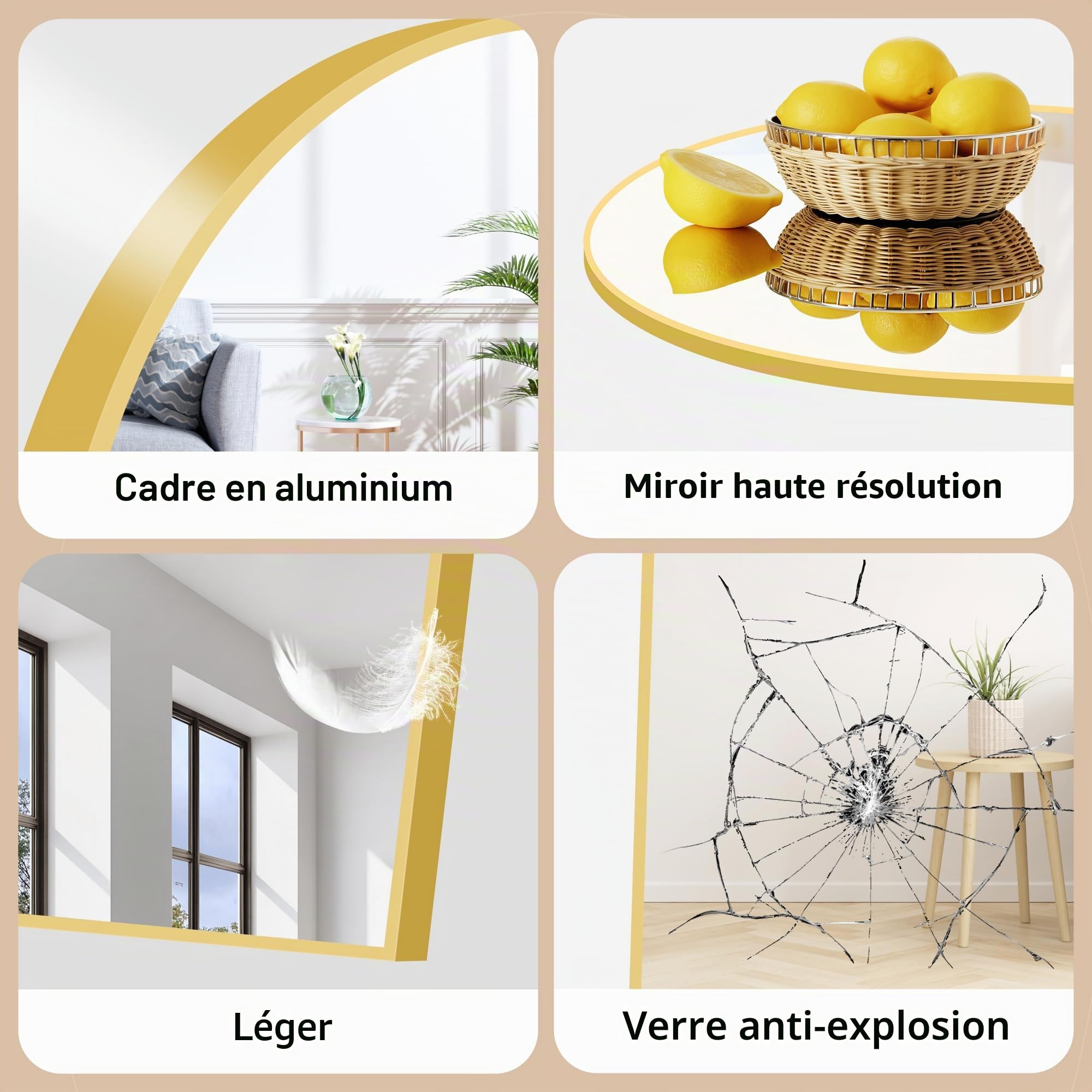 WOLIBEER Miroir sur Pied 179 x 65 cm, Grand Miroir Arqué en Pleine Longueur avec Cadre en Aluminium Doré, Miroir Mural sur Pied pour Salle de Bain, Chambre à Coucher, Entrée, Couloir, Vanité