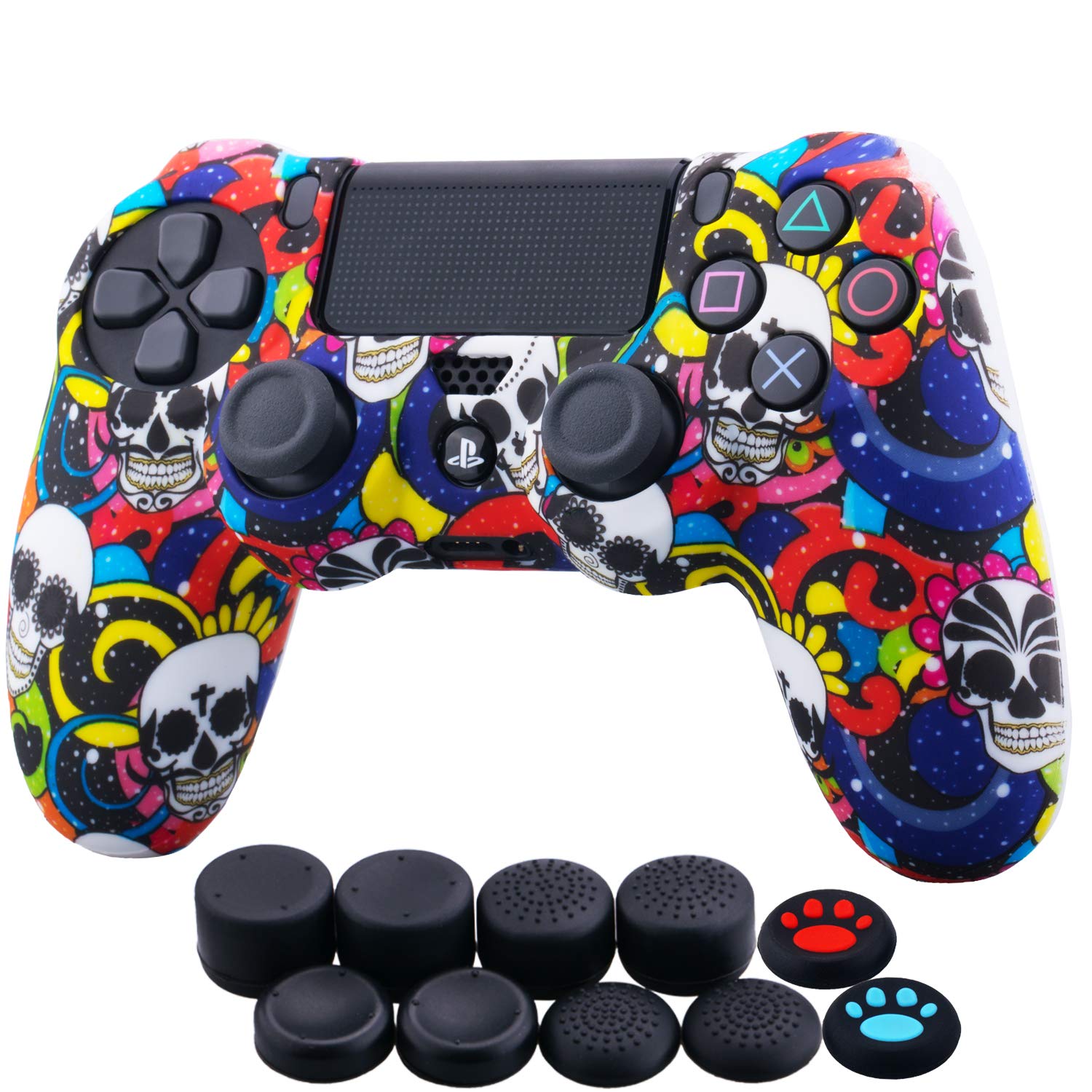 YoRHa Water Transfer Printing Camouflage Silicone Cover Skin Case for PS4/slim/Pro Controller x 1(Skull Graffiti) With Pro thumb grips x 8 — view 23