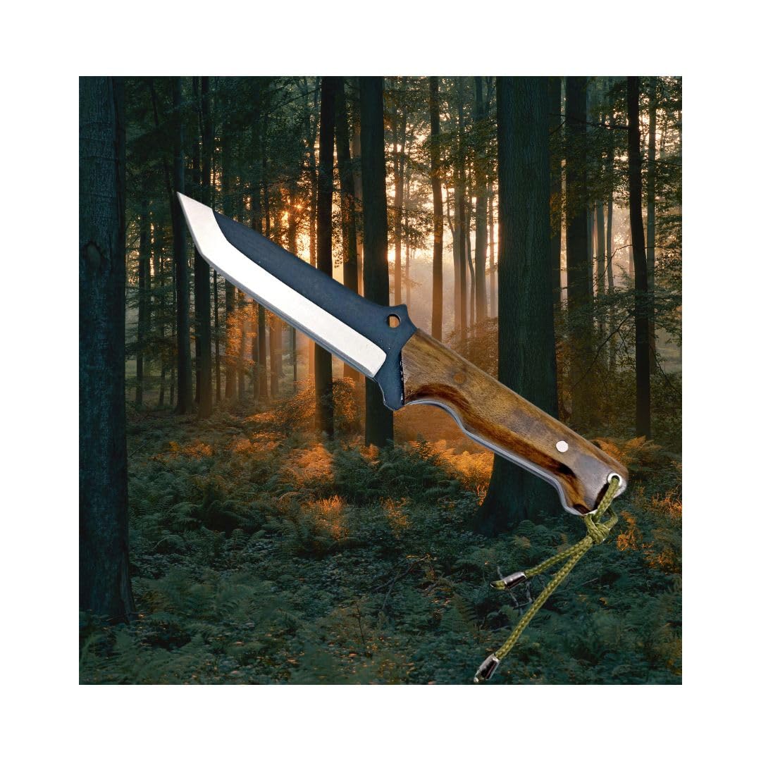 YAK Outdoor Scorpion Messer - 26 cm, 4034 Edelstahl, 13,5 cm Klinge, Wurzelnussholzgriff, inkl. Lederhülle, 54/56 HRC Härte, langlebig und robust, perfekt für Outdoor-Abenteuer und Überlebenstraining