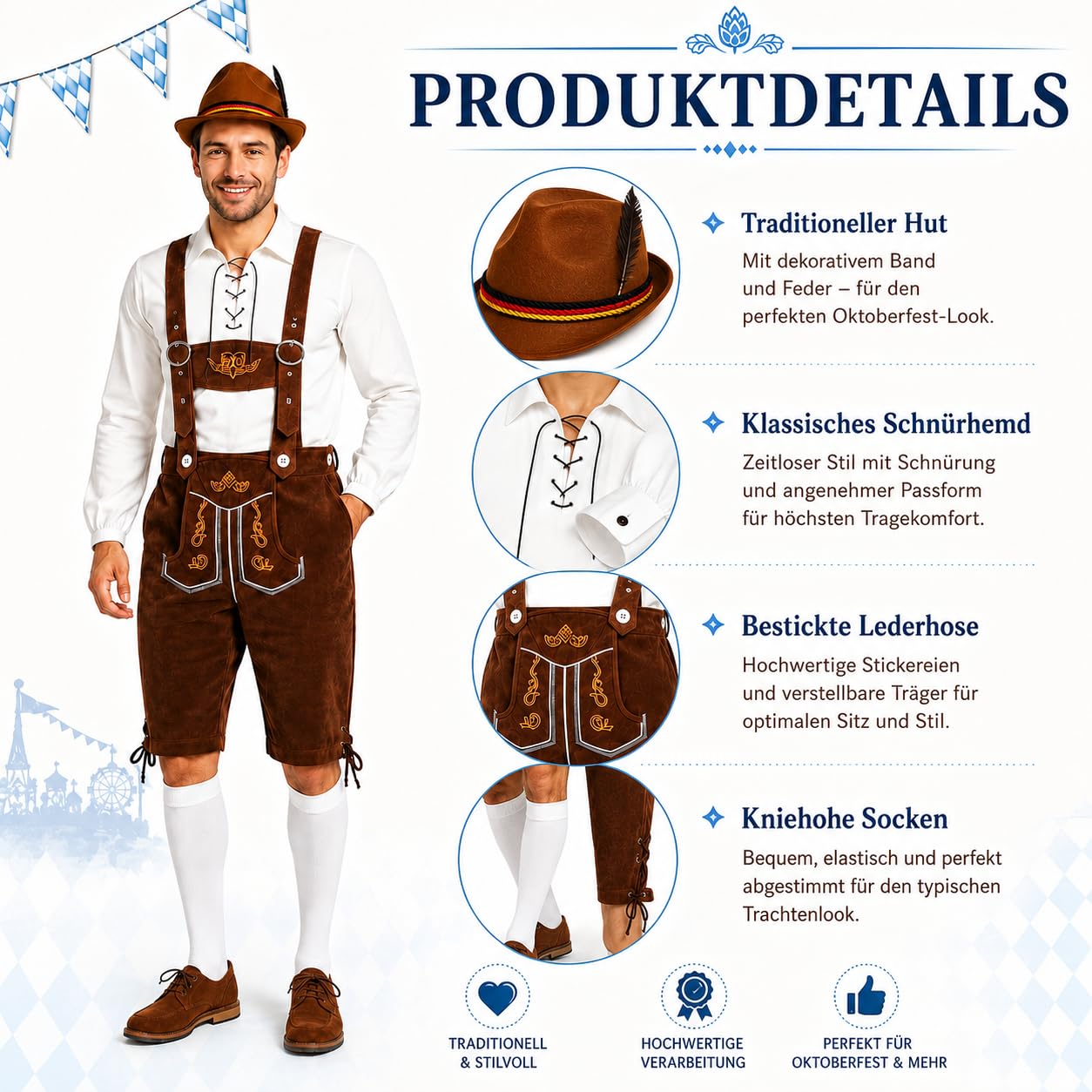4-teiliges Trachtenset Herren Oktoberfest Outfit mit Lederhose und Hosenträgern, Trachtenhemd, Trachtenhut und Kniestrümpfen, Bayerische Tracht für Volksfest