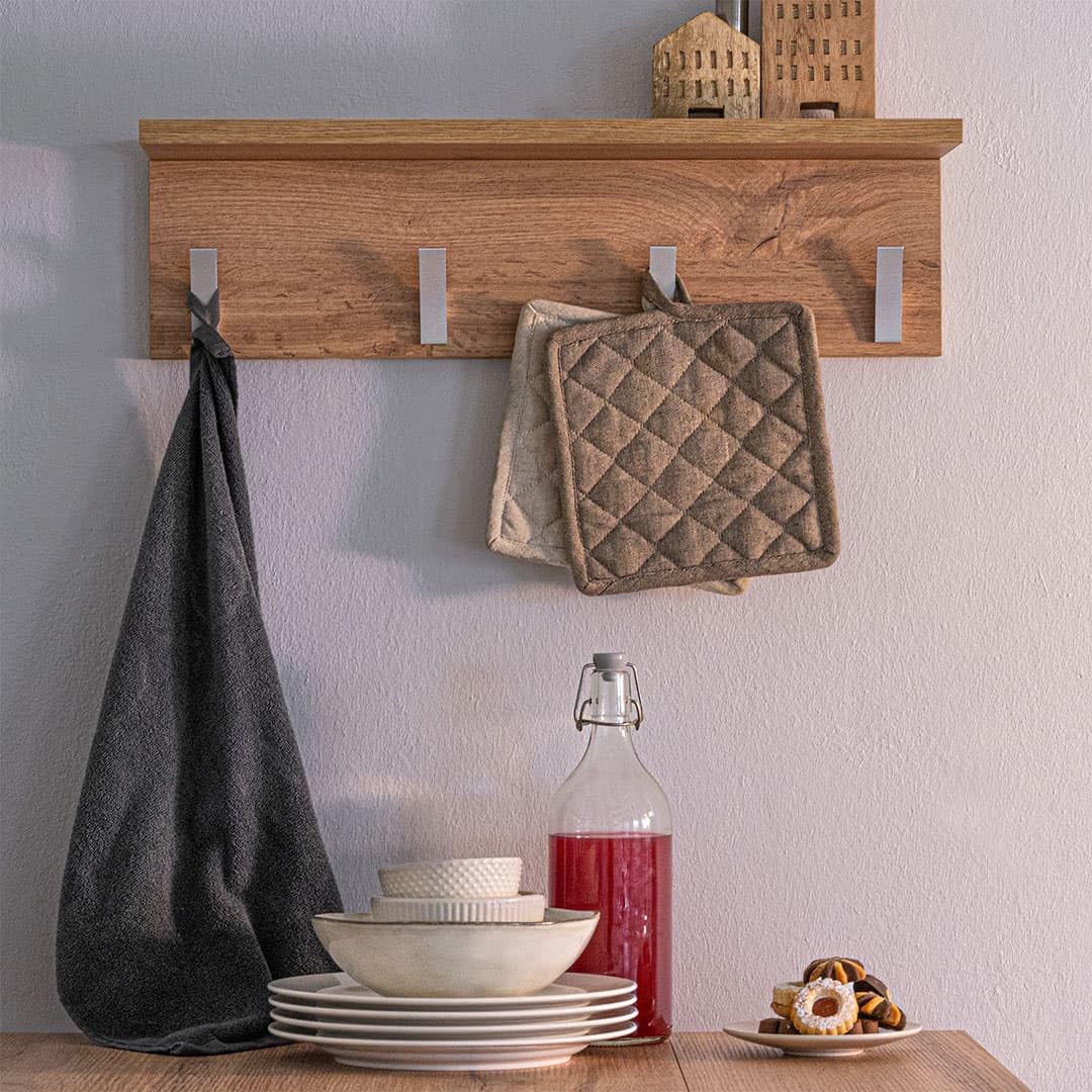 Mobili Fiver, Appendiabiti da parete, Rachele, da 80 cm, Rovere Rustico, Appendiabiti moderno per Bagno, Camera, Ingresso, Made in Italy