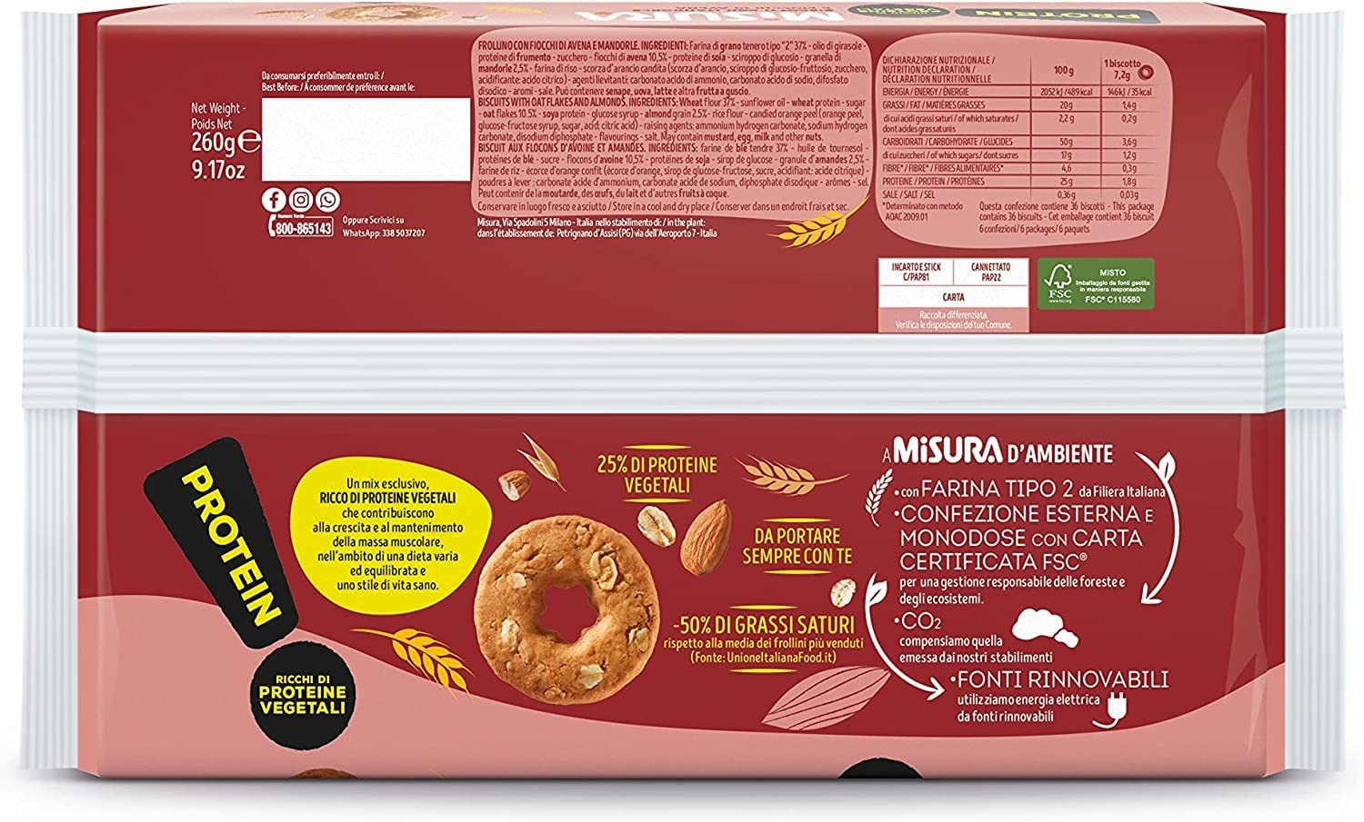 6X Misura Protein Biscotti Croccanti con Fiocchi di Avena e Mandorle 260g [CAIYA® BOX da 6 Confezioni]