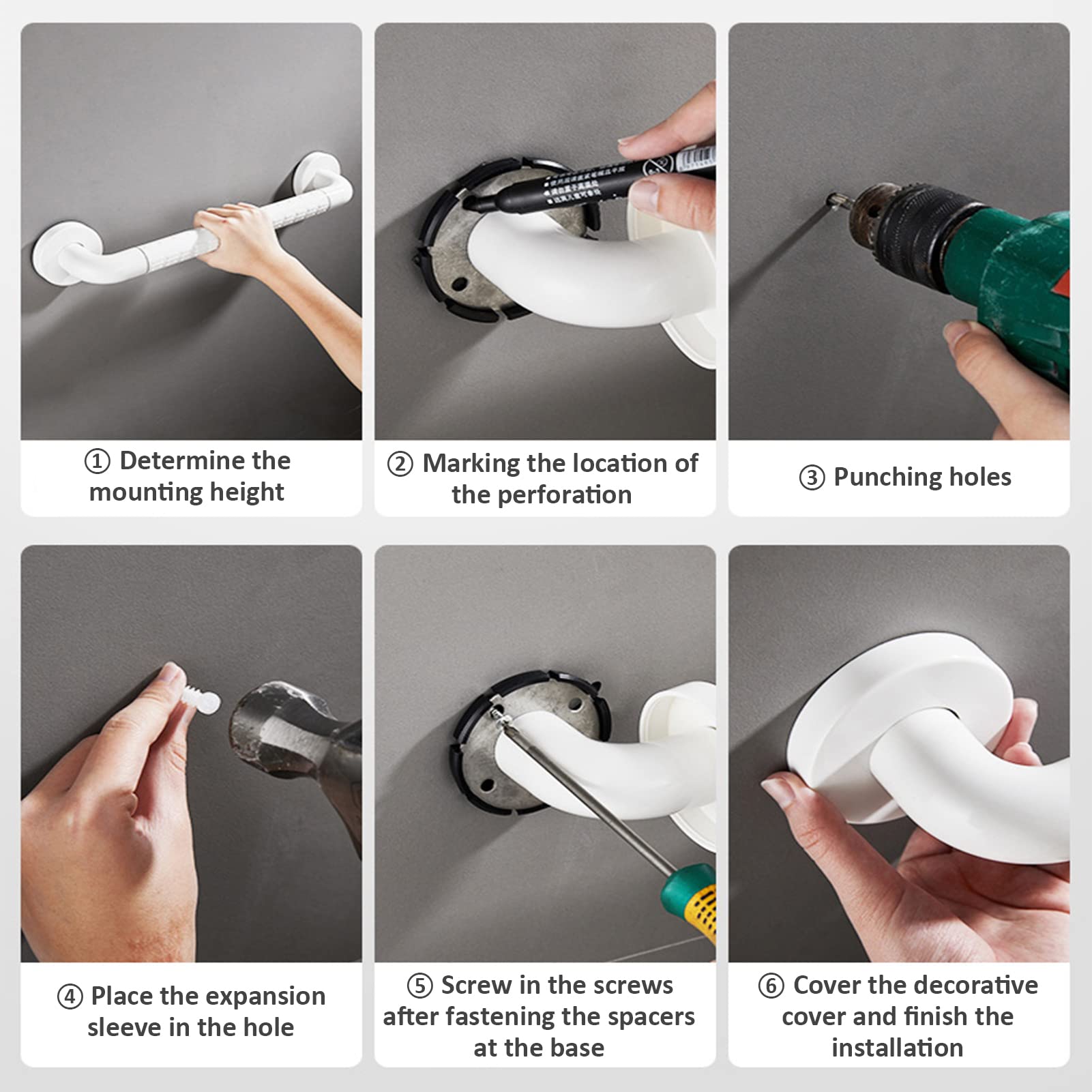 Barra de Apoyo para baño, Barras de bañera con Agarre Antideslizante y círculos Luminosos de Seguridad, Mango de Acero Inoxidable, toallero de Pared para Ducha, Blanco, 38 cm
