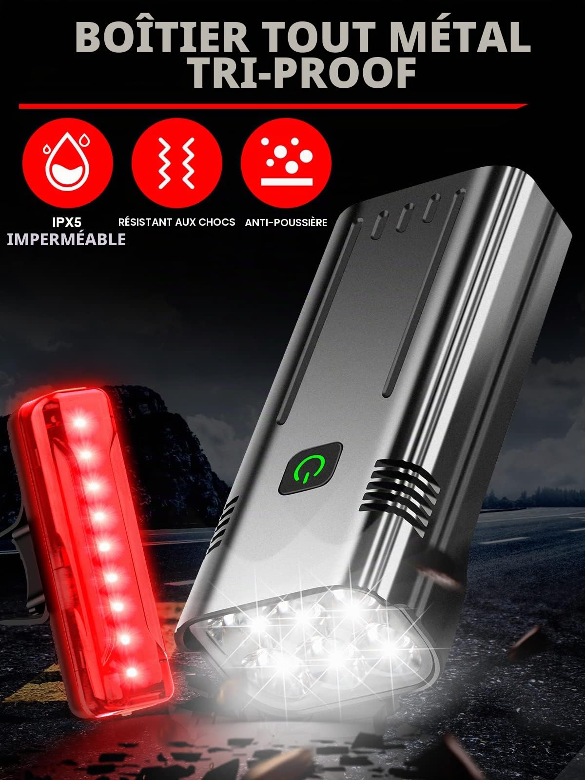 Phares de vélo avant et arrière de 9500 lumens pour conduite de nuit, 10 000 mAh rechargeable par USB, 6 LED, 5 + 5 modes, phare et feu arrière pour vélo - Durée de vie de plus de 60 heures,
