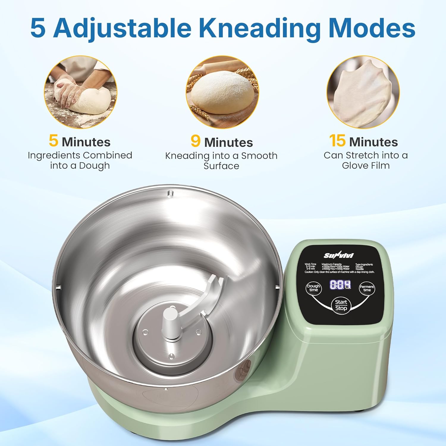 5.3 QT Electric Dough Mixer Maker, Fermenting and Kneading Flour Mixer Machine with Stainless Steel Bowl & Time Control, Green Stand Mixer for Baking Bread Cake Pizza & Sourdough