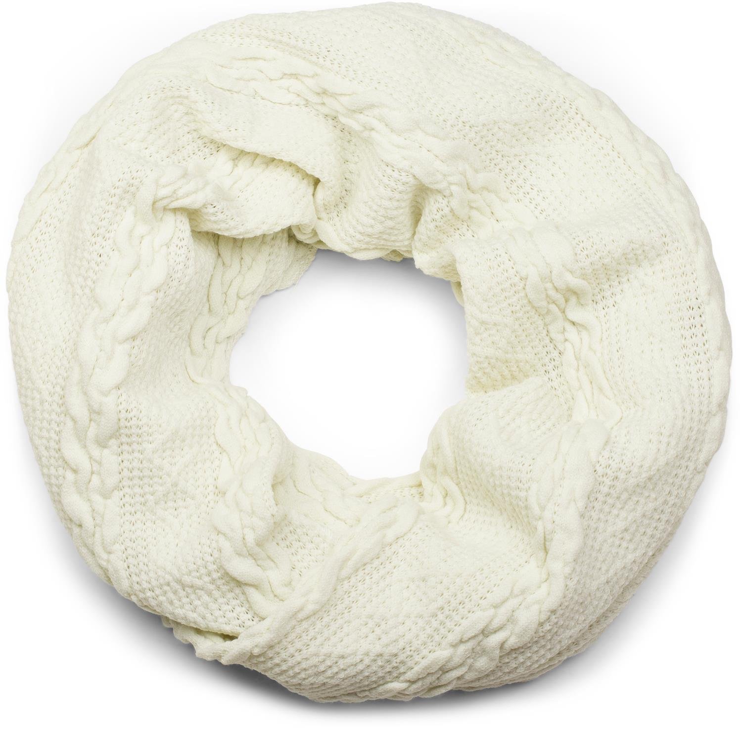 Stylebreaker Women's Cream-Beige Fine-Knit Loop Scarf With Plait Pattern, Winter Snood, Knit Scarf, Unisex 01018151, Colour: