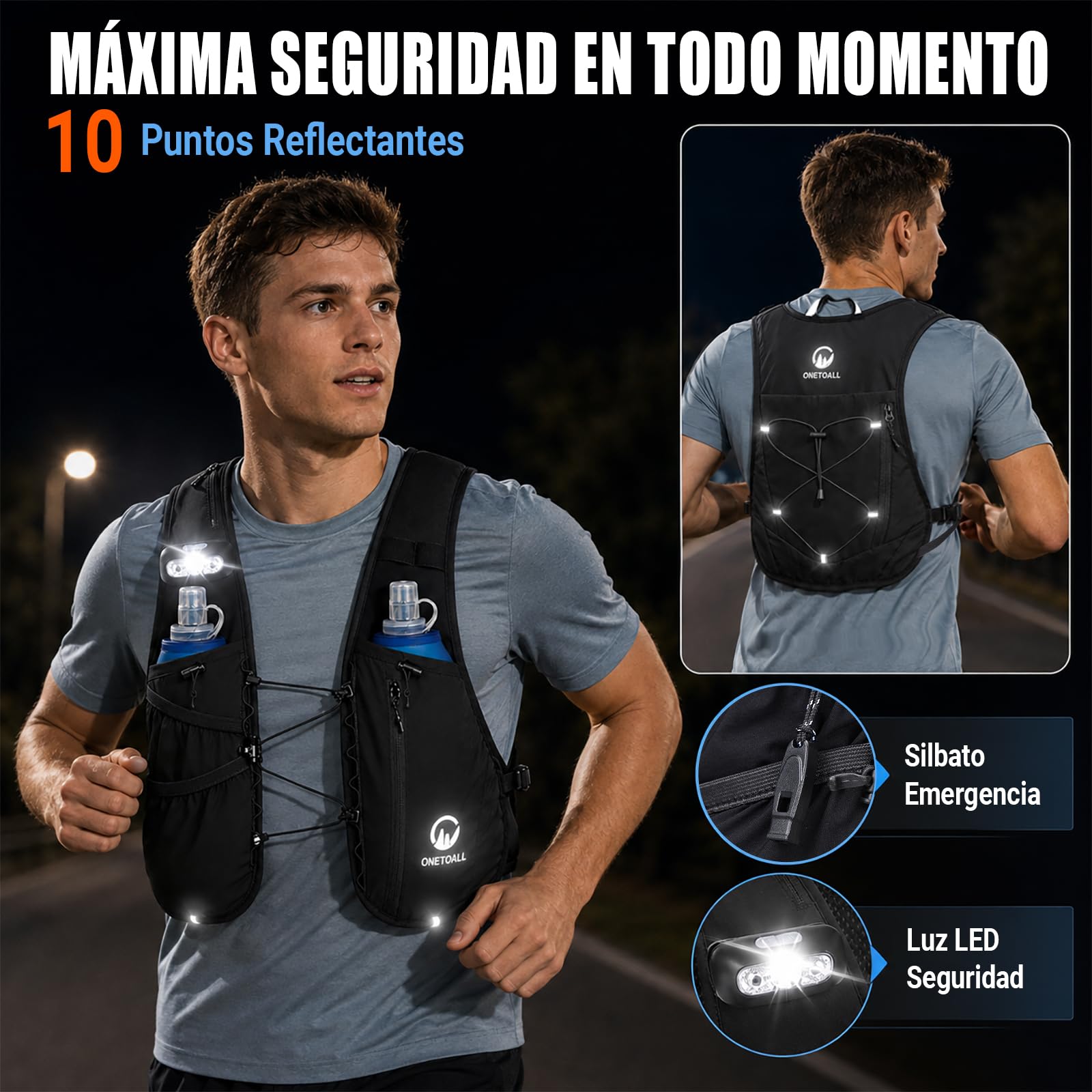 Chaleco Running Hombre Mujer con 2× Soft Flask 500ml y Luz LED Recargable, Chaleco Hidratacion Trail Running, Running Vest Ultraligero, Mochila Hidratacion para Correr Senderismo Montaña Bici