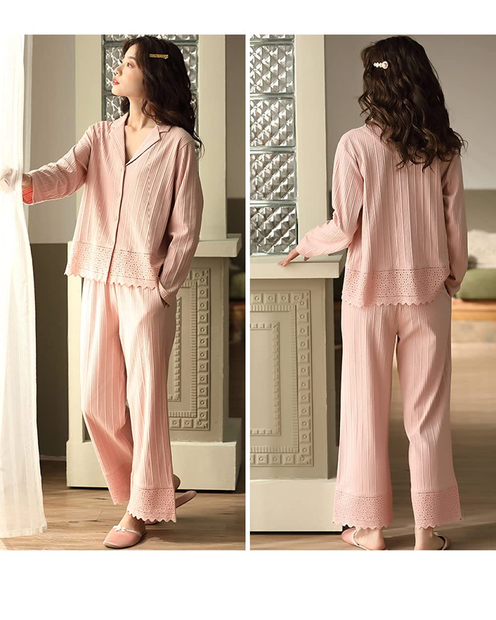 Manga Larga Pijama De Mujer De Dos Piezas,Conjunto De Pijama De Manga Larga para Mujer, Cuello Clásico con Muesca, Algodón Suave Y Cómodo, Rosa Polvorienta, Ropa De Salón, Pijama De Otoño Invie