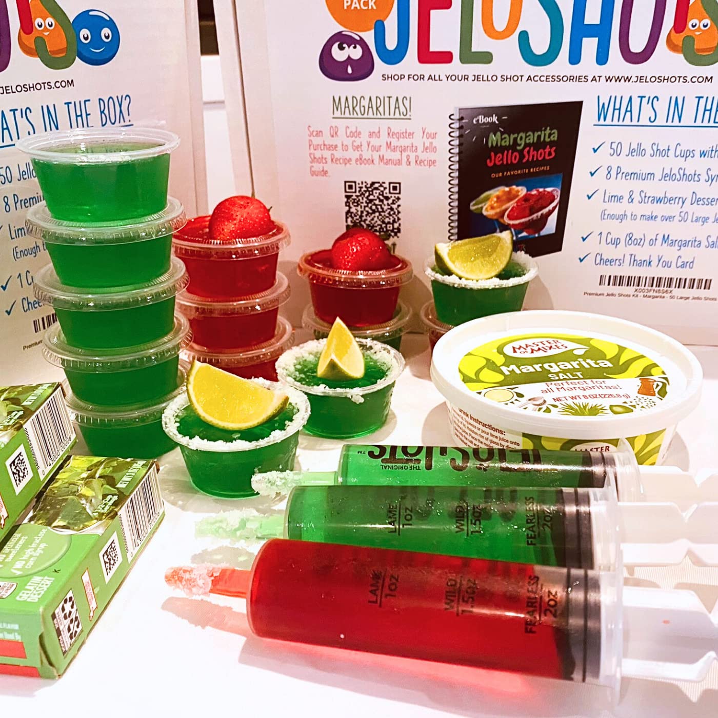 Jello Shots Party Kit – Margarita Party Pack – Makes Over 50 (Large) Jello Shots – Includes eBook with 63 Margarita Recipes, Jello Shot Syringes, Jello Shot Cups, Margarita Salt, & Flavored Gelatin Jello Shots Party Kit – Margarita Party Pack – Makes Over 50 (Large) Jello Shots – Includes eBook with 63 Margarita Recipes, Jello Shot Syringes, Jello Shot Cups, Margarita Salt, & Flavored Gelatin