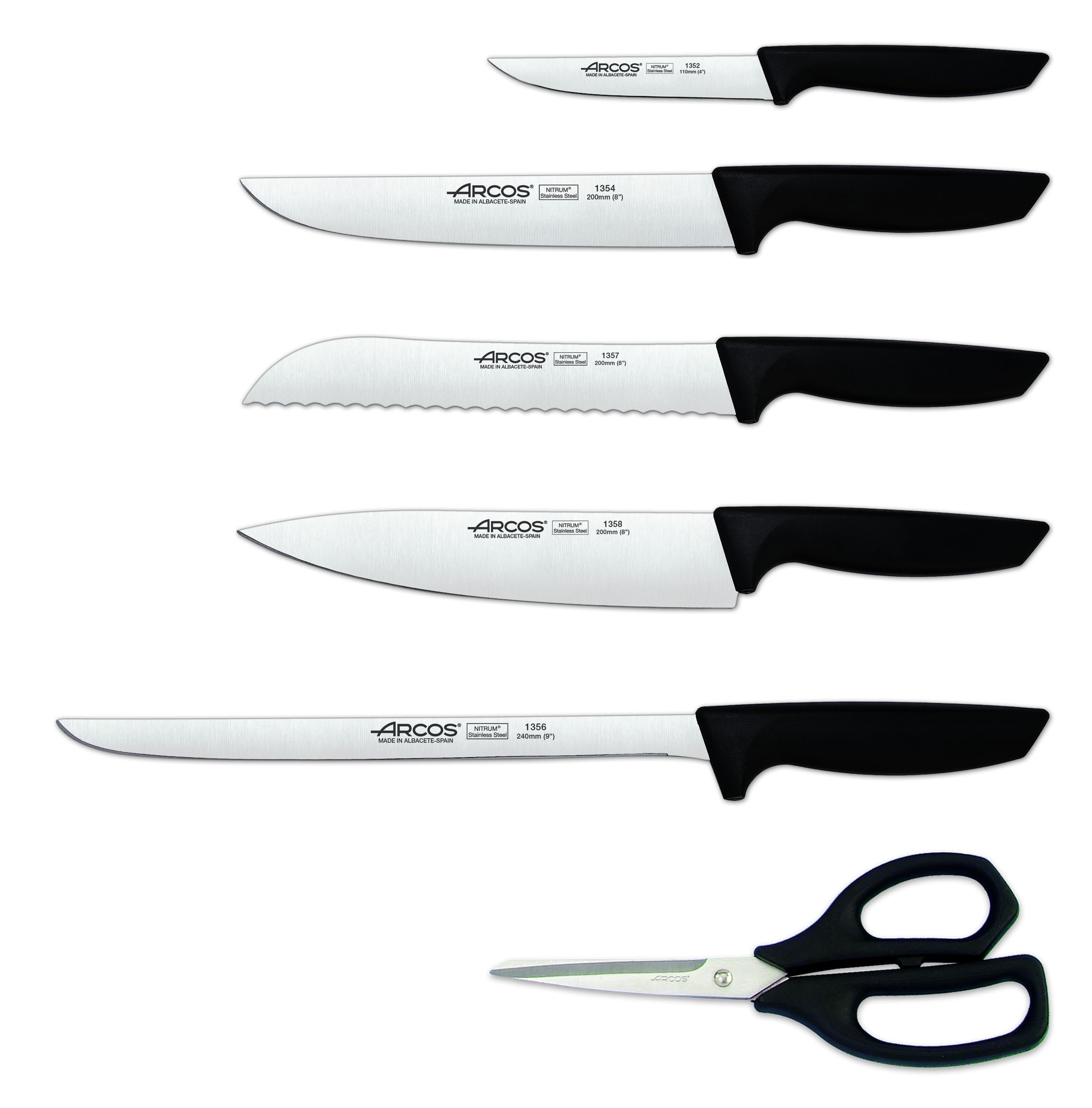 Arcos Juego de Cuchillos de Cocina. 6 piezas con bloque. 5 Cuchillos chef y 1 tijeras Acero Inoxidable. Mango ergonómico polipropileno para cortar carne, pescado y verduras. Serie Niza. Color negro.
