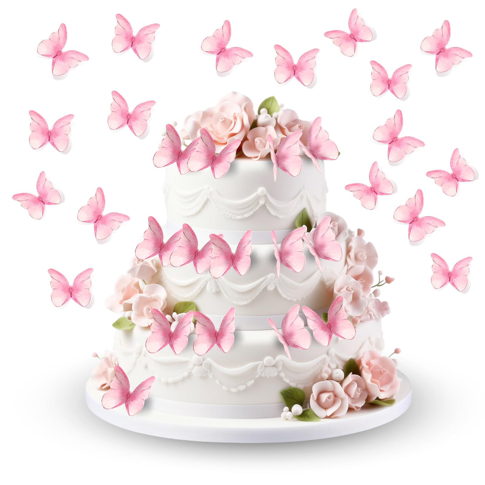 Bile 48 Pcs Edible Butterflies for Cake Decorating, Vivid Butterfly Cupcake Decorating Butterfly Cake Topper for Wedding Birthday Anniversary Flower Themed Party Decorating Princess Games (Pink)