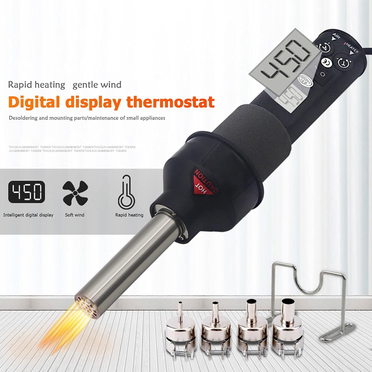 DEWIN Pistola Ad Aria Calda Portatile 450W 220V Pistola Ad Aria Calda per Stazione di Saldatura,Con Display Digitale Regolabile In Temperatura + Flusso D'Aria, per Guaina Termorestringente