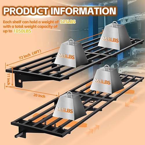 Miniatura 2 de Estante de pared de garaje con ganchos, paquete de 2 estantes de almacenamiento de garaje de 1.64 x 6 pies, carga 1050 libras de 20 x 72 pulgadas,