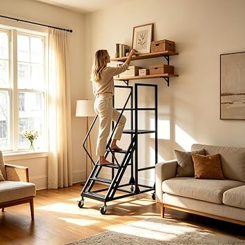 5-Step Rolling Warehouse Step Ladder, Lockable Wheels, Non-Slip Wide Steps, Dual Handrails, Movable Platform Ladder, Rolling Stairs for Warehouse, Supermarket, Library (Black, 5 Steps)